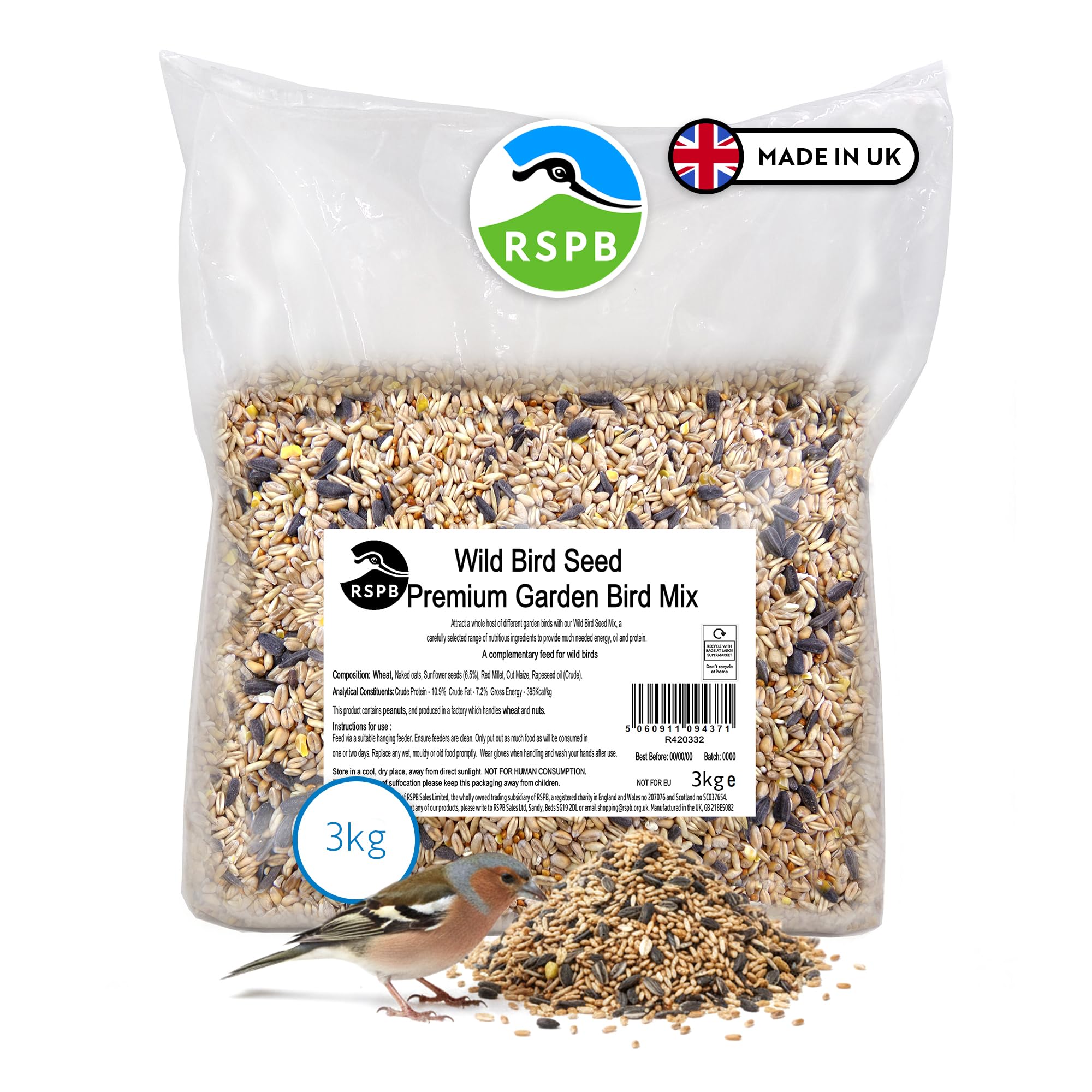 RSPB - Wild Bird Seed Mix, Wild Bird Food with Premium Ingredients, Made in the UK, Healthy and Nutritious (Premium Garden Seeds) (3kg)