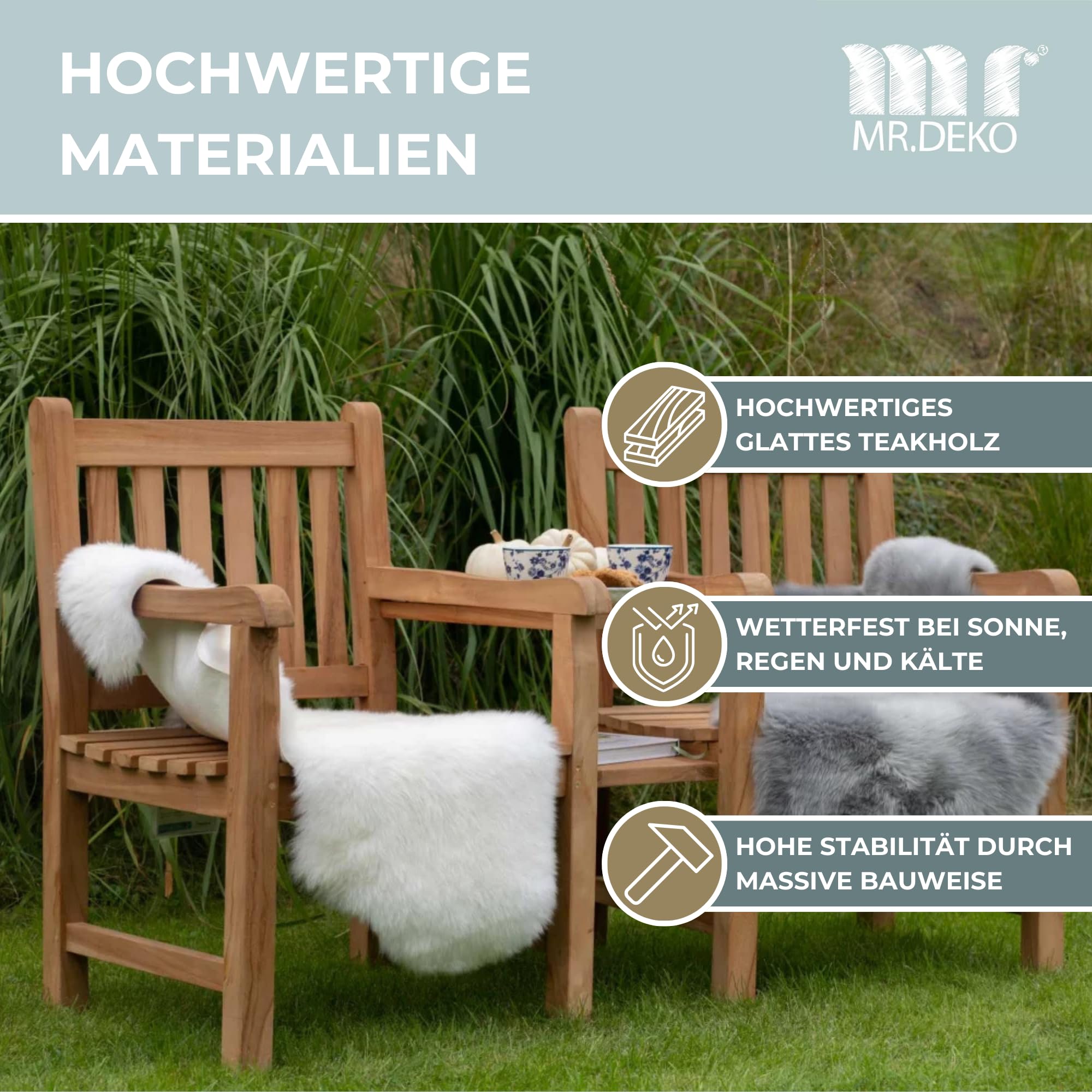 MR. DEKO Gartenbank wetterfest Feierabendbank 160cm Sitzbank Teak Holz | teilbar 2 Sessel + Ablagetisch