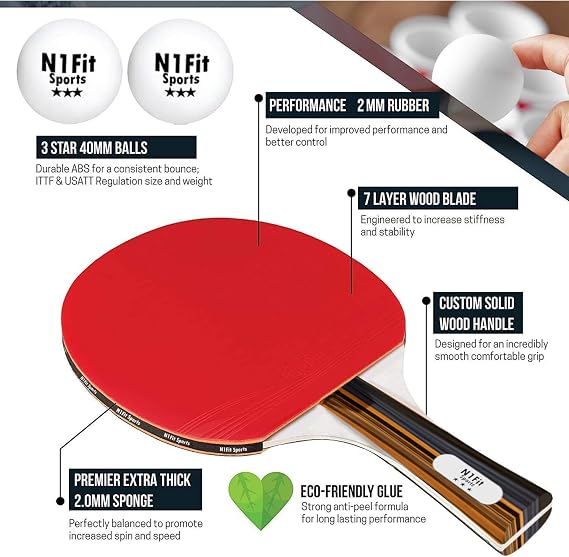 N1fit Ping Pong Paddle Set - 4 Professional Rackets, Retractable Net, 6 Pig Pong Balls, Carry Case - Indoor and Outdoor Table Tennis Play