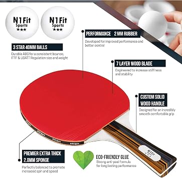 N1fit Ping Pong Paddle Set - 4 Professional Rackets, Retractable Net, 6 Pig Pong Balls, Carry Case - Indoor and Outdoor Table Tennis Play