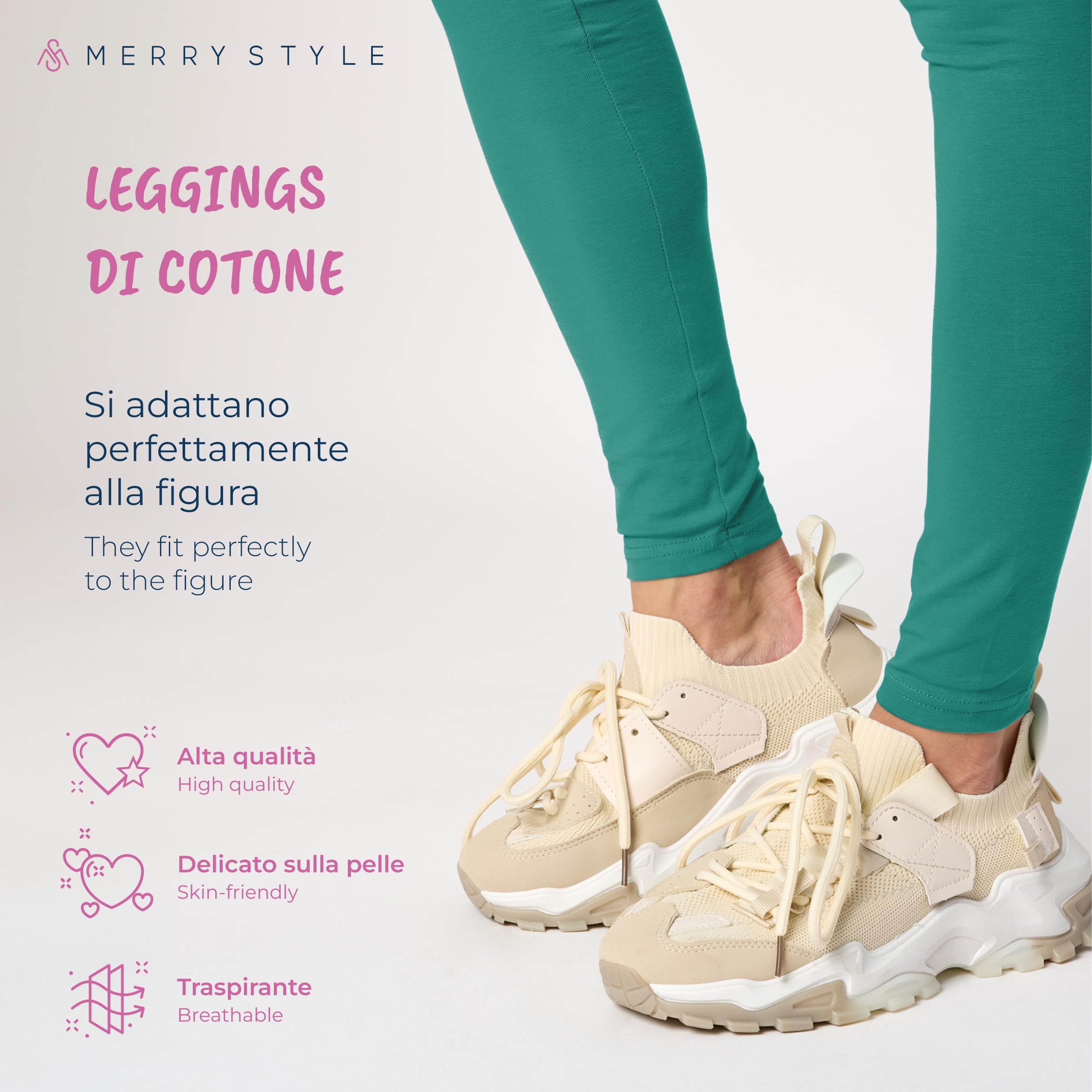 Merry Style Lunghi Leggings Fuseaux Sportivi da Donna Pratico Modello a Vita Alta in Cotone Naturale MS10-198