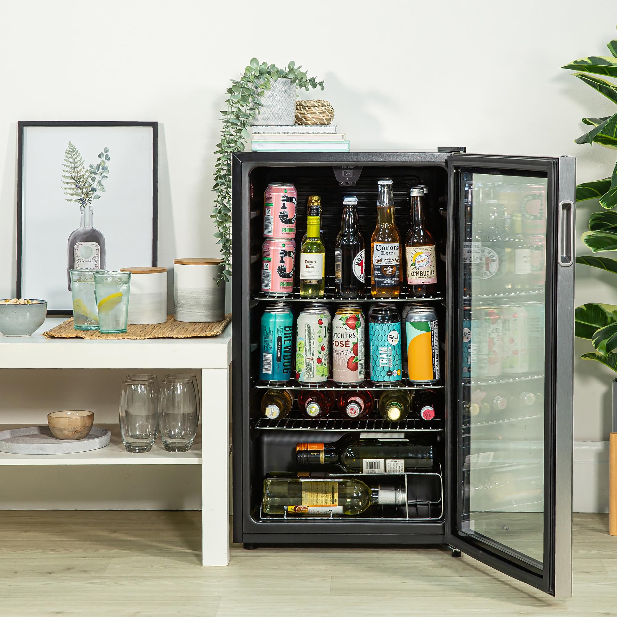 Kuhla Mini Fridge 93 Litre Undercounter Freestanding Beverage/Drinks Wine Fridge for Beer Stainless Steel, LED Light, Drinks & Snacks Glass Door, 3 Adjustable Shelves, Energy Efficient, K48BC101SS — view 6