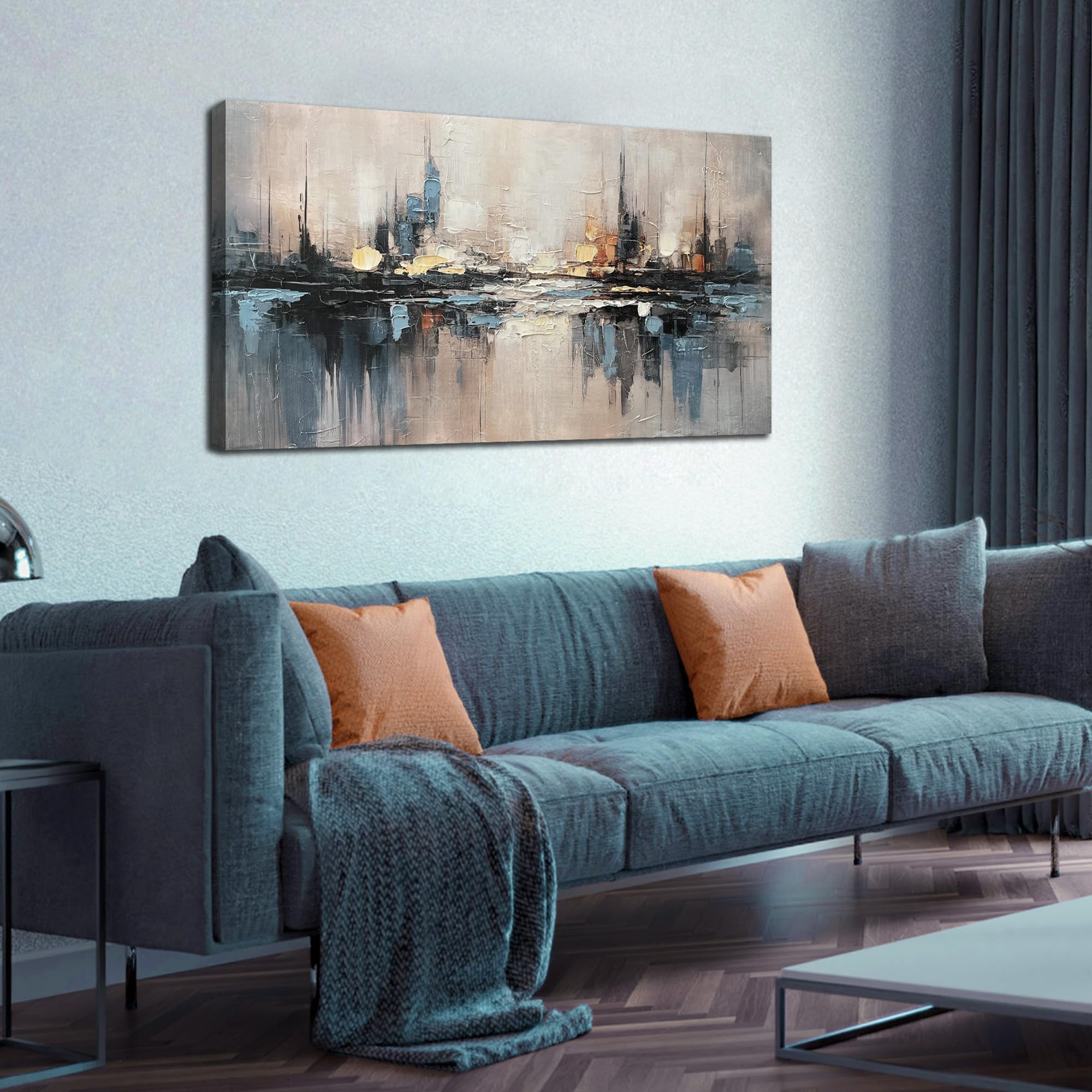Abstract Canvas Wall Art Blue and Gray City Wall Decor for Living Room