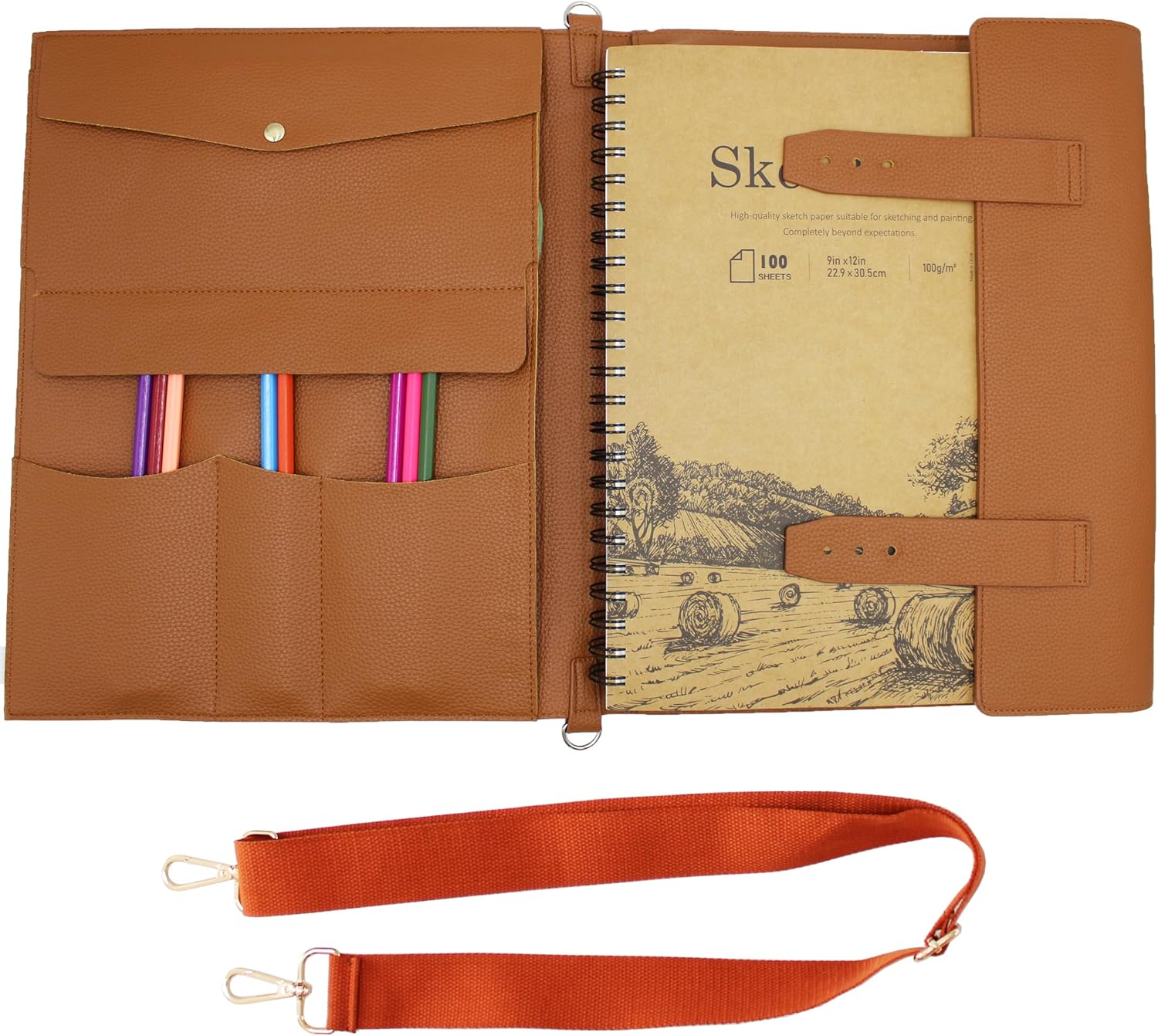 Drawing Book Cover Sketchbook Cover with Pencils and Leather Artist Bag Artist Gifts Leather Art Book Cover for Sketchbook, Journal Notebook (9" x 12")