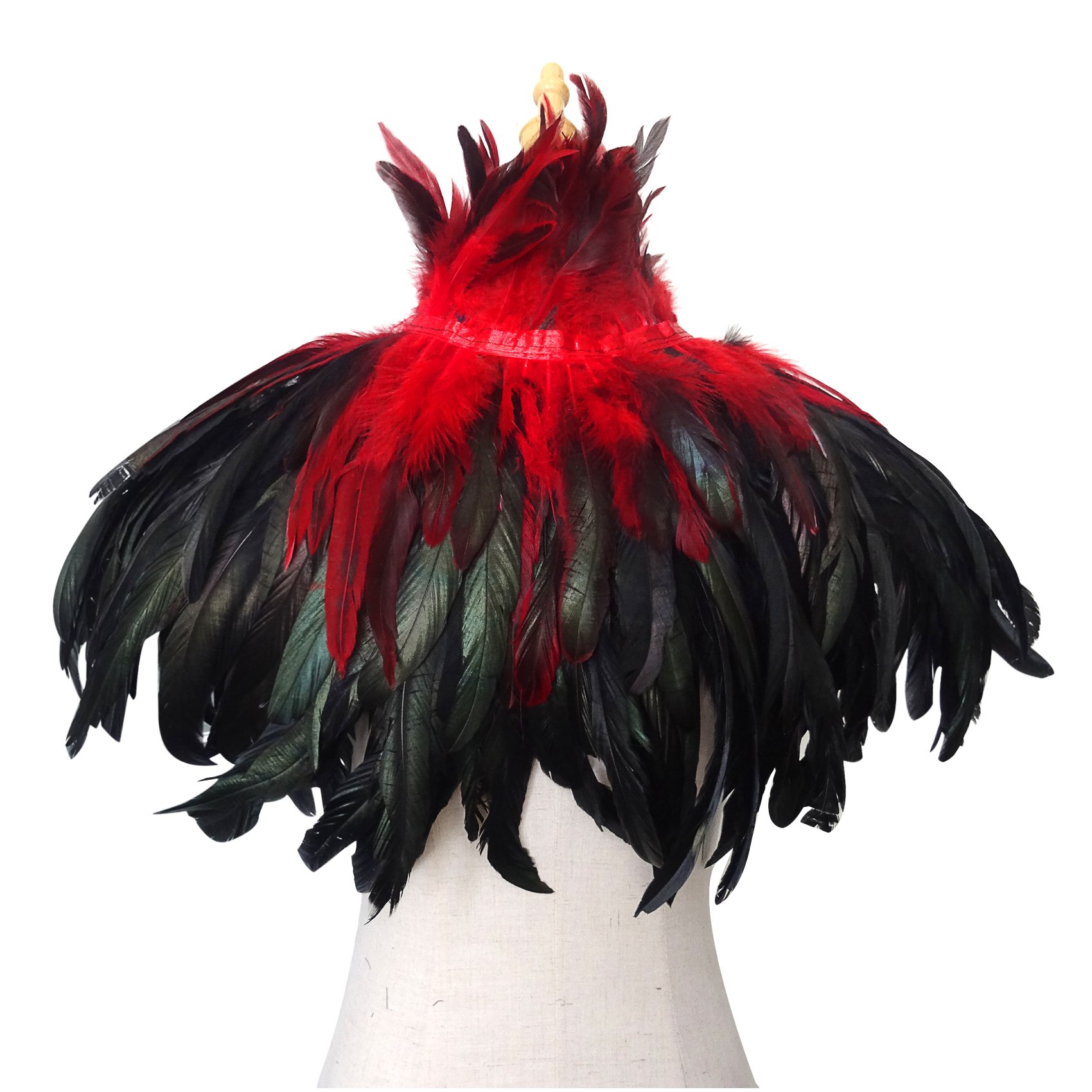 keland Poncho encapuchado gótico victoriano natural del cabo del mantón de las plumas con el collar de la gargantilla negro (rojo)