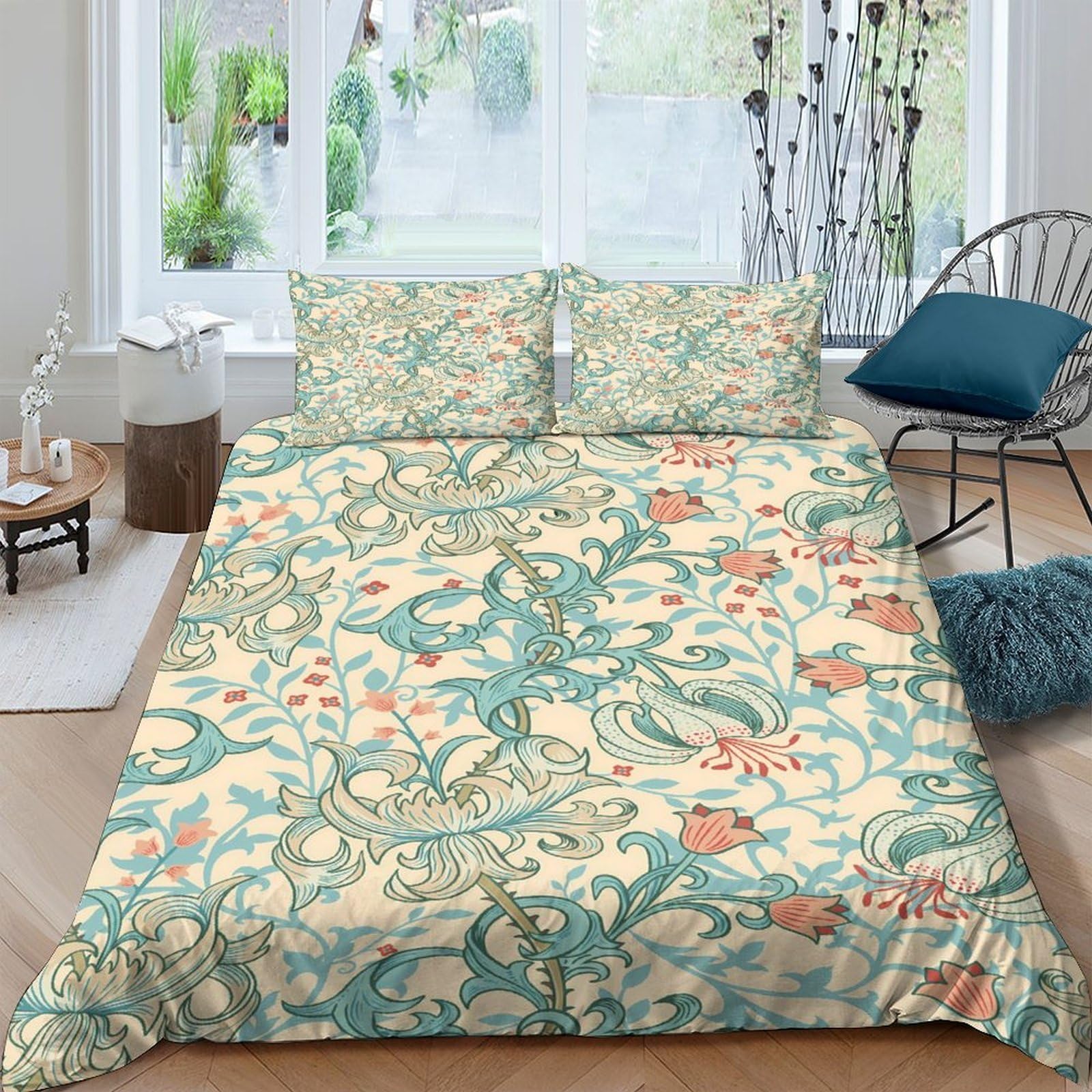 P5V6M1Q9 3D Printed Vintage Floral Duvet Cover Microfiber Soft Breathable Decorative Botanical Bedding Set with 2 Pillowcases for Bedroom Single（135x200cm）