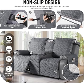 TAOCOCO 100% Waterproof Loveseat Recliner Covers with Console, Non Slip Recliner Covers that Stay in Place, Split Seat Design Washable Reclining Loveseat Cover with Elastic Straps, Dark Gray