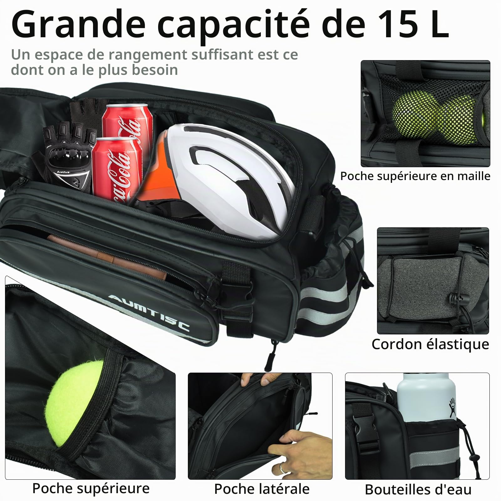 AUMTISC Sac Bicyclette pour Porte-Bagages, 15L étanche et réfléchissant Sac Bicyclette pour Porte-Bagages avec Ceinture à l'épaule et Porte-Bouteilles avec Protection Contre la Pluie