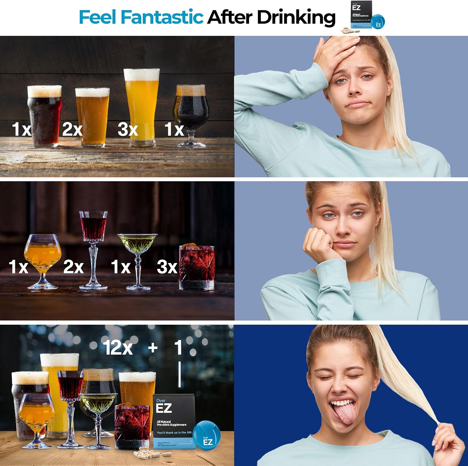 Over EZ Pre-Drink Supplement - Party Recovery & Prevention Pills for a Night Out & Better Mornings (12 Capsules) & Milk Thistle, Amino Acids, Vitamin Bs
