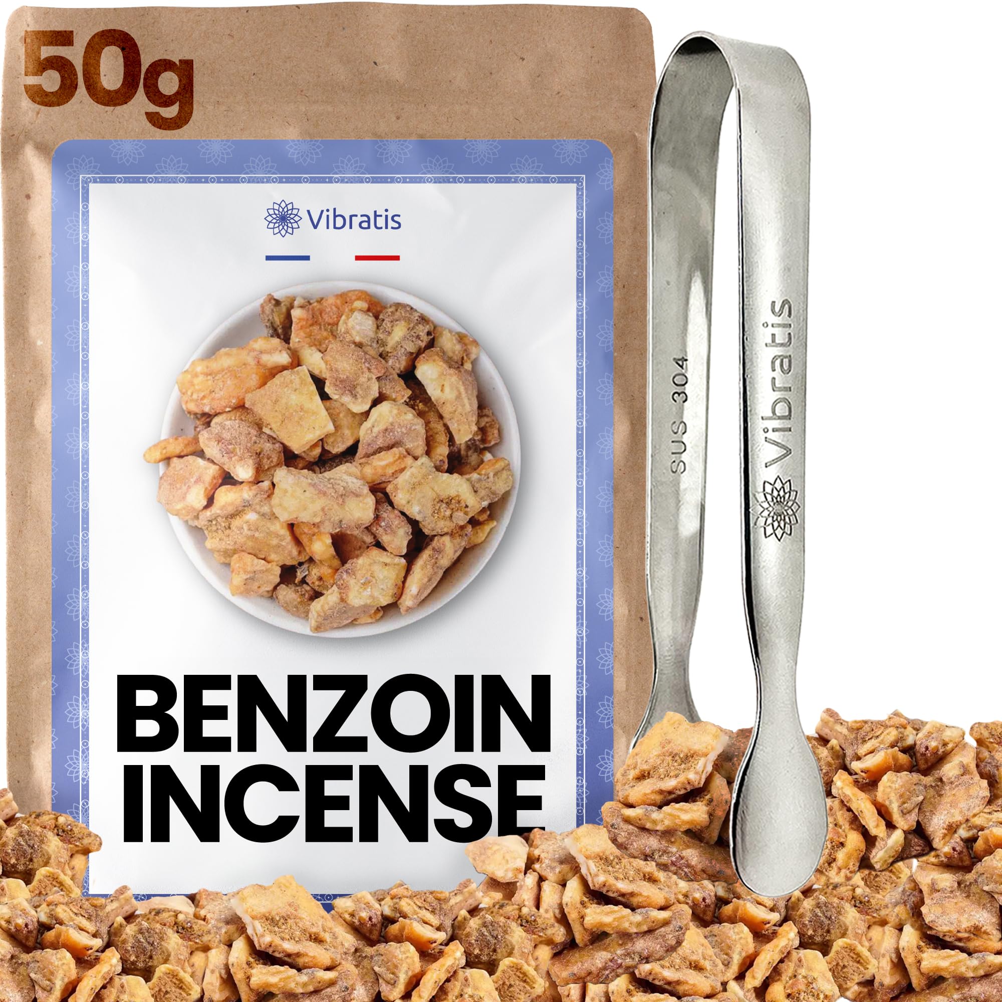 Vibratis Brown Frankincense Benzoin Natural 50G With Tweezers, Incense Grains For Home Cleaning, Bring Good Luck To Business, Ideal For Meditation And Relaxation