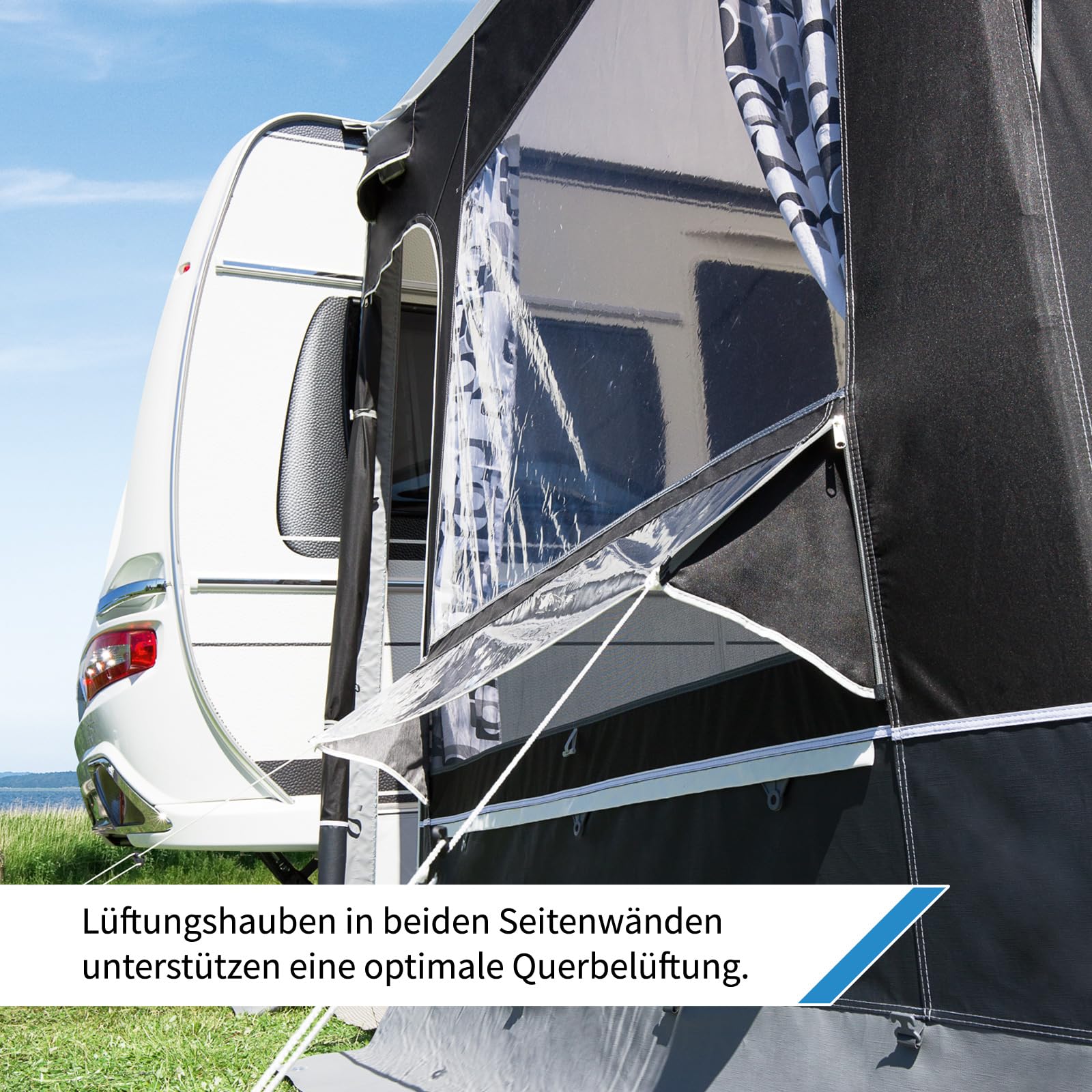 dwt Wohnwagen Vorzelt Jazz 240 cm tief in 4 Größen, Reise- und Saisonzelt mit flexiblen Abspannleitern & geöstem Erdstreifen