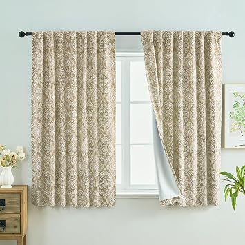 OWENIE Blackout Curtains for Bedroom 63 Inch Length 2 Panels, Thermal Insulated Elegant Printing Double Layer Curtains for Living Room, Rod Pocket Back Tab Room Darkening Drapes, 52Wx63L, Beige
