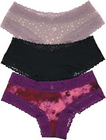 Victorias Secret PINK Cheekster Panty Set of 3 Medium Lace Trim Mauve Celestial/Black/Purple Tie Dye
