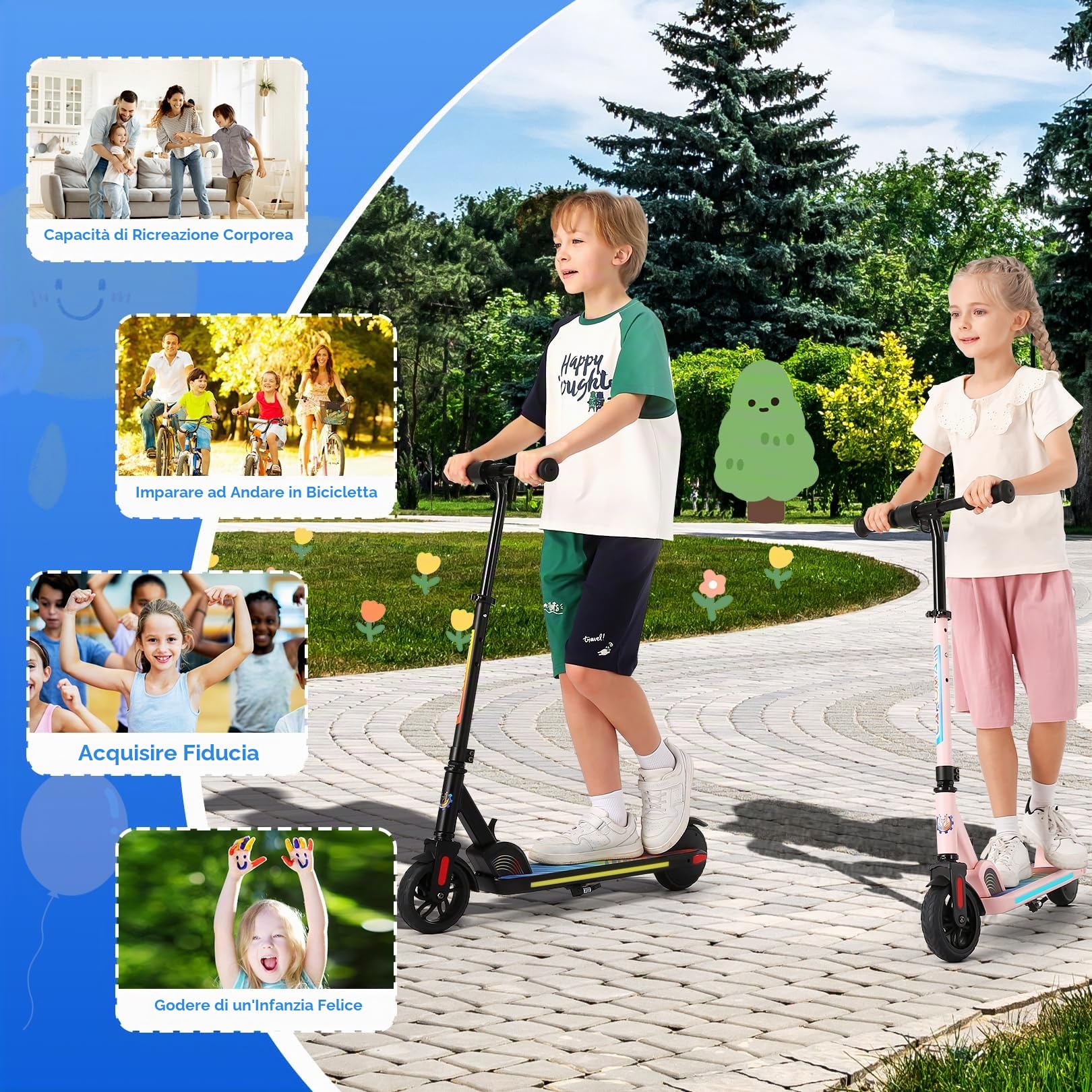 Caroma Monopattino elettrico per bambini dai 6 ai 14 anni, motore da 150 W, 16 km/h, 80 minuti di autonomia, velocità e altezza regolabili, luci colorate, indicatore LED, monopattino elettrico