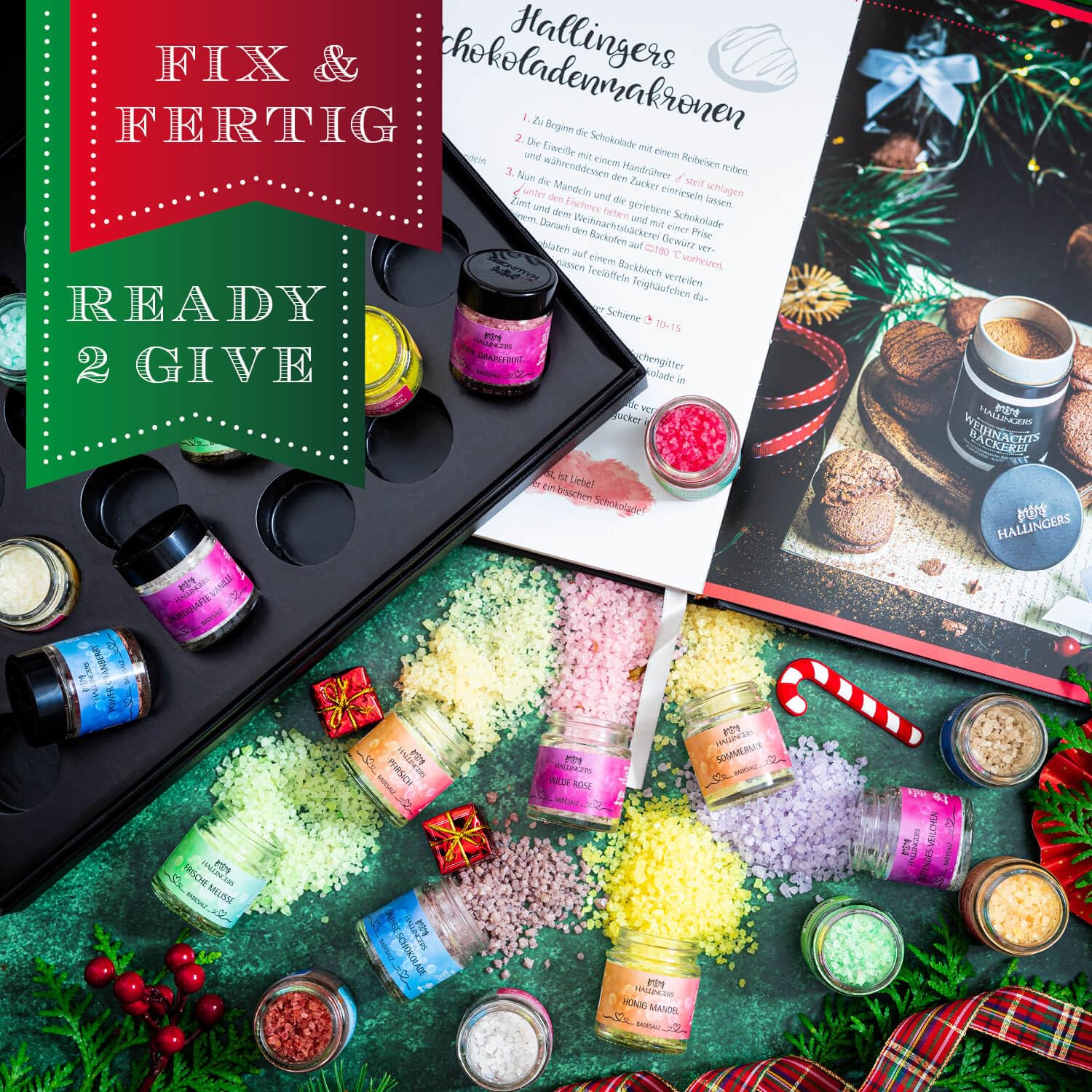 Hallingers Genuss Manufaktur Badesalze Weihnachts-Geschenk-Set - 24x Badezusatz mit Totes Meer Badesalz edle Geschenkbox, Badekristalle Fußbad & Spa "Frohe Weihnacht...", Weihnachten für Frauen Männer