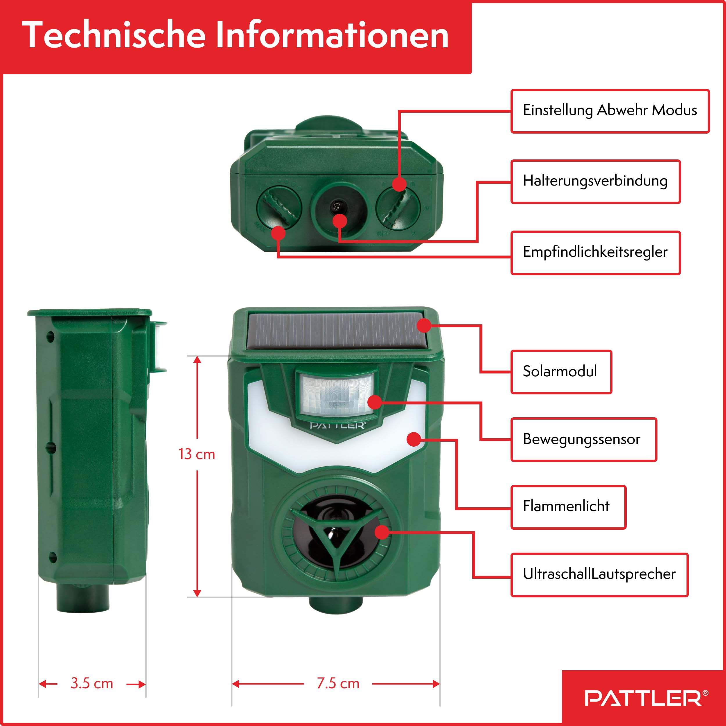 PATTLER® Tiervertreiber Ultraschall Solar 2er Set – Katzenschreck & Marderschreck mit PIR Bewegungssensor 10m – Flammenlicht & LED-Blinklicht – Geräuschfrei Ultraschall Tierabwehr für Garten & Outdoor
