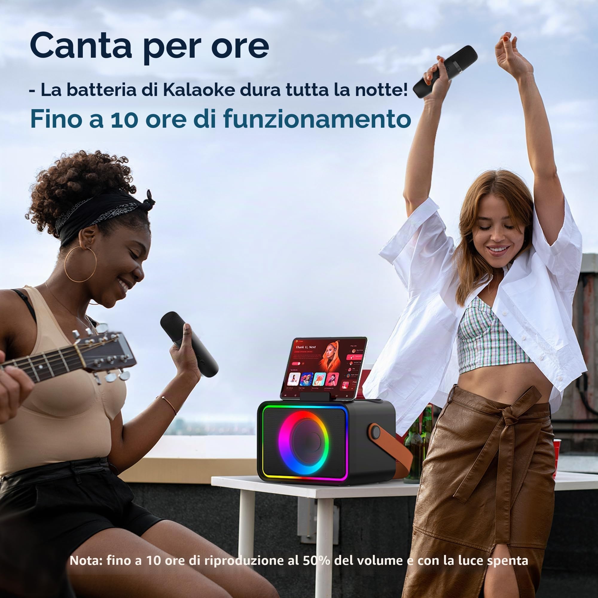 Altoparlante Bluetooth portatile karaoke con 2 microfoni wireless e luci LED, viola