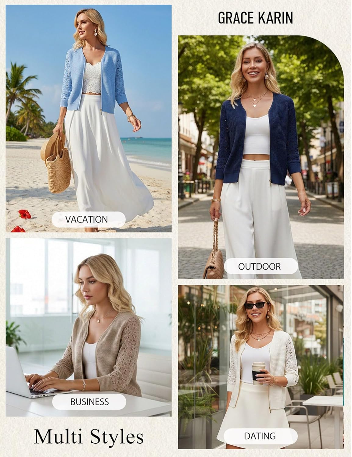 GRACE KARIN Womens Lightweight Summer Cardigan 3/4 Sleeve Cropped Cardigan Dressy Zip Up Sweaters Jacket Clothes - Image 5