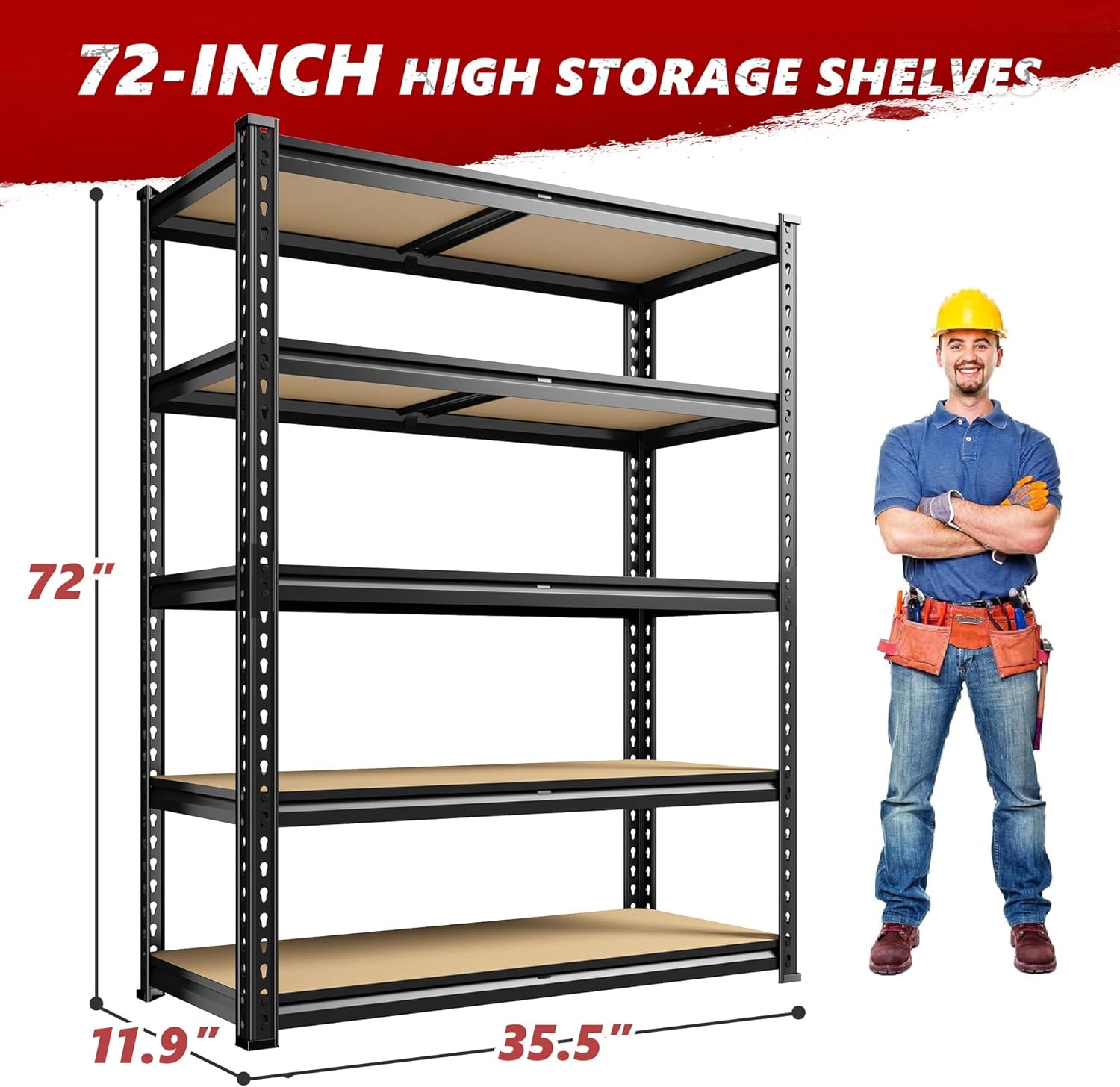 REIBII 2400LBS Storage Shelves 5 Tier Garage Shelving Heavy Duty Adjustable Garage Shelves, Utility Rack Shelf, Shelving Units for Storage Warehouse Pantry Closet, 35.5" W x 11.9" D x 72" H, 3 Pack - Image 3