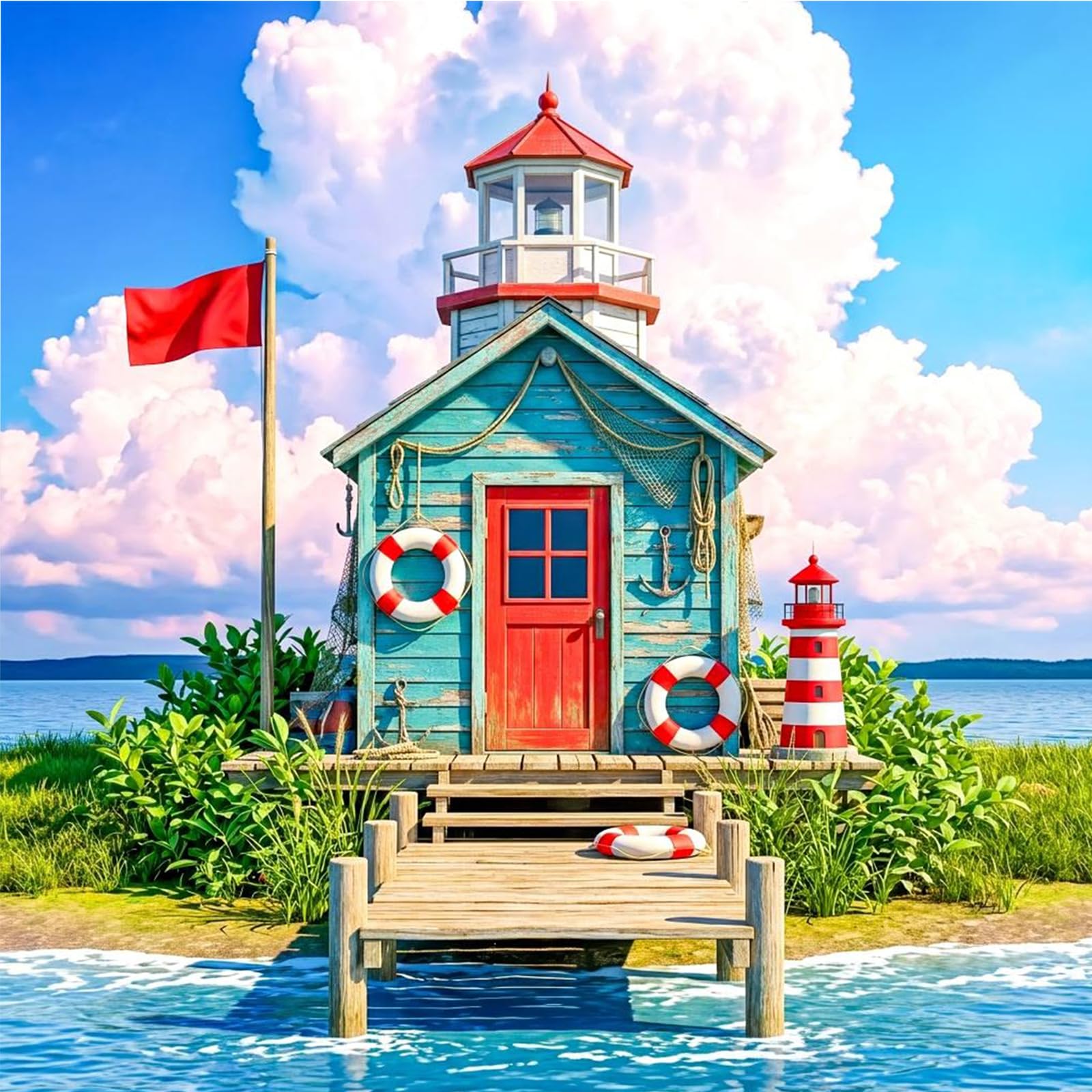 Seaside Lighthouse Cabin Paint by Numbers Kits Drawing Paintwork on Canvas 13.78x13.78inch with Frame Canvas Oil Painting Number Painting for Beginners Adults Gift Home Wall Decor
