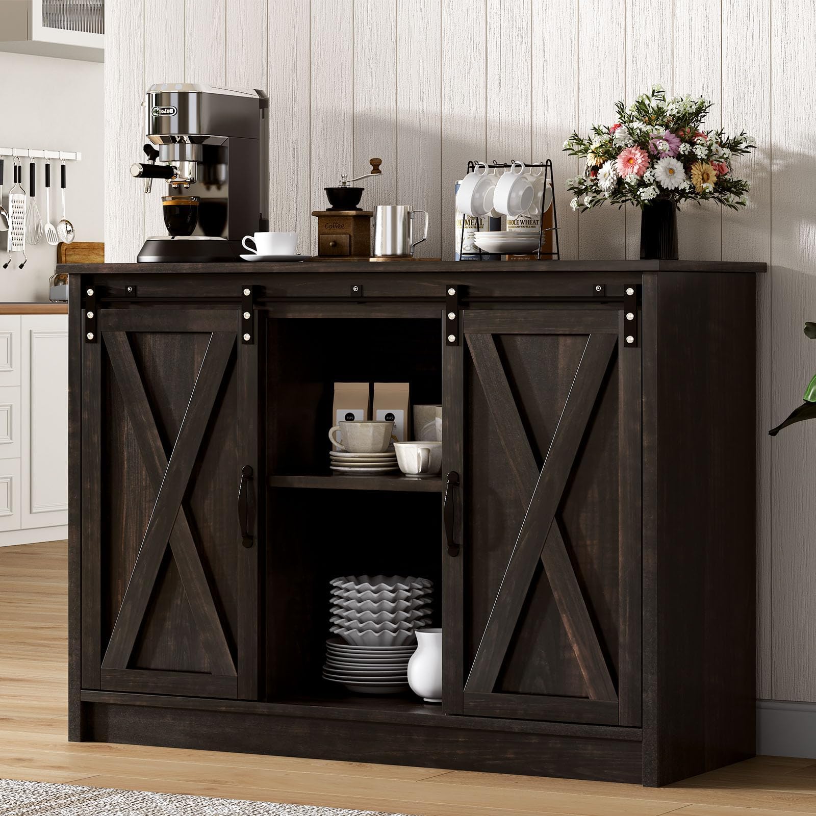 4 EVER WINNER Coffee Bar Cabinet with Sliding Barn Doors, 42” Sideboard Buffet Cabinet with Storage, Farmhouse Coffee Bar Station Table Liquor Wine