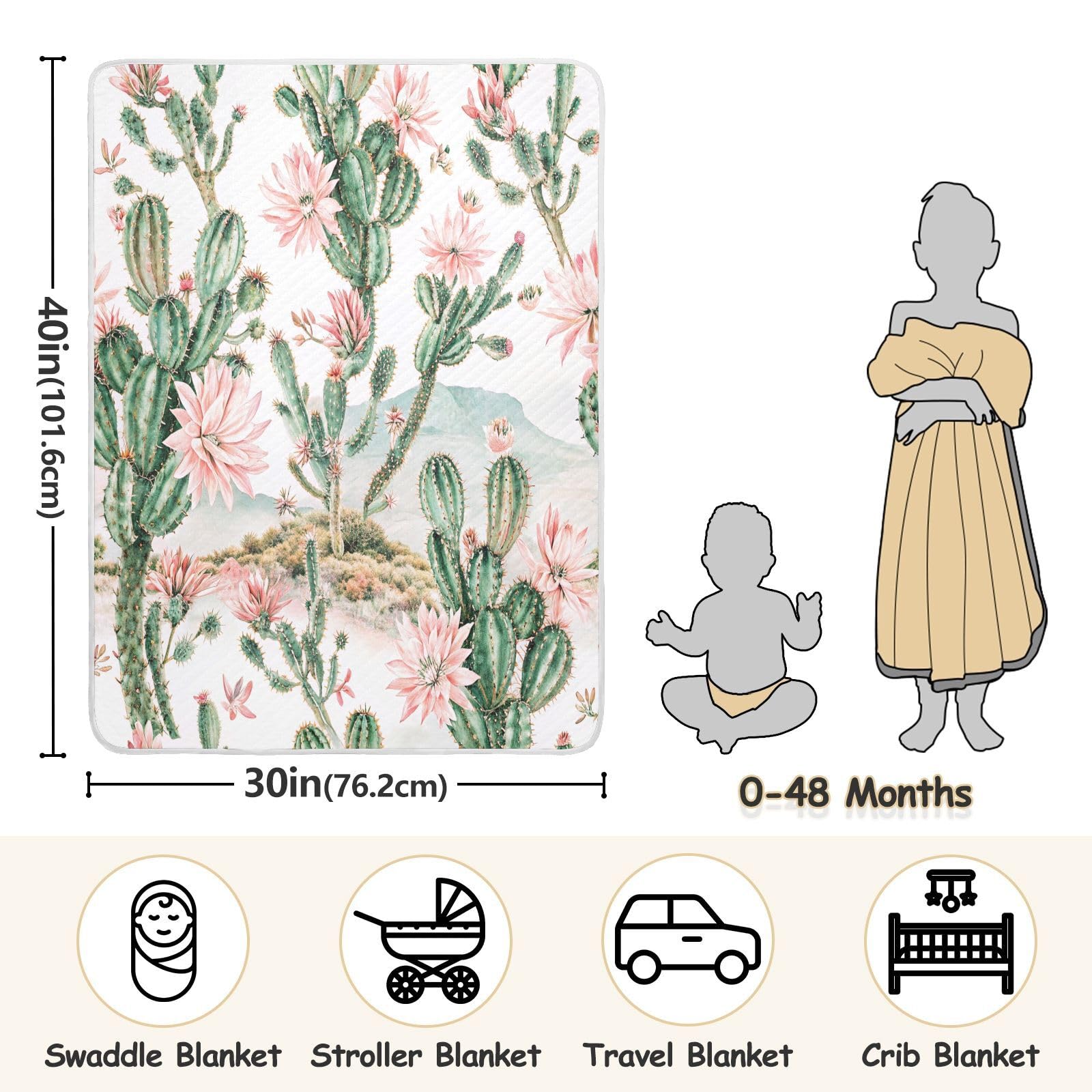 Leyl&Ari Organic Muslin Swaddle Blanket | Potted Cacti Print | Breathable Newborn Receiving Blanket