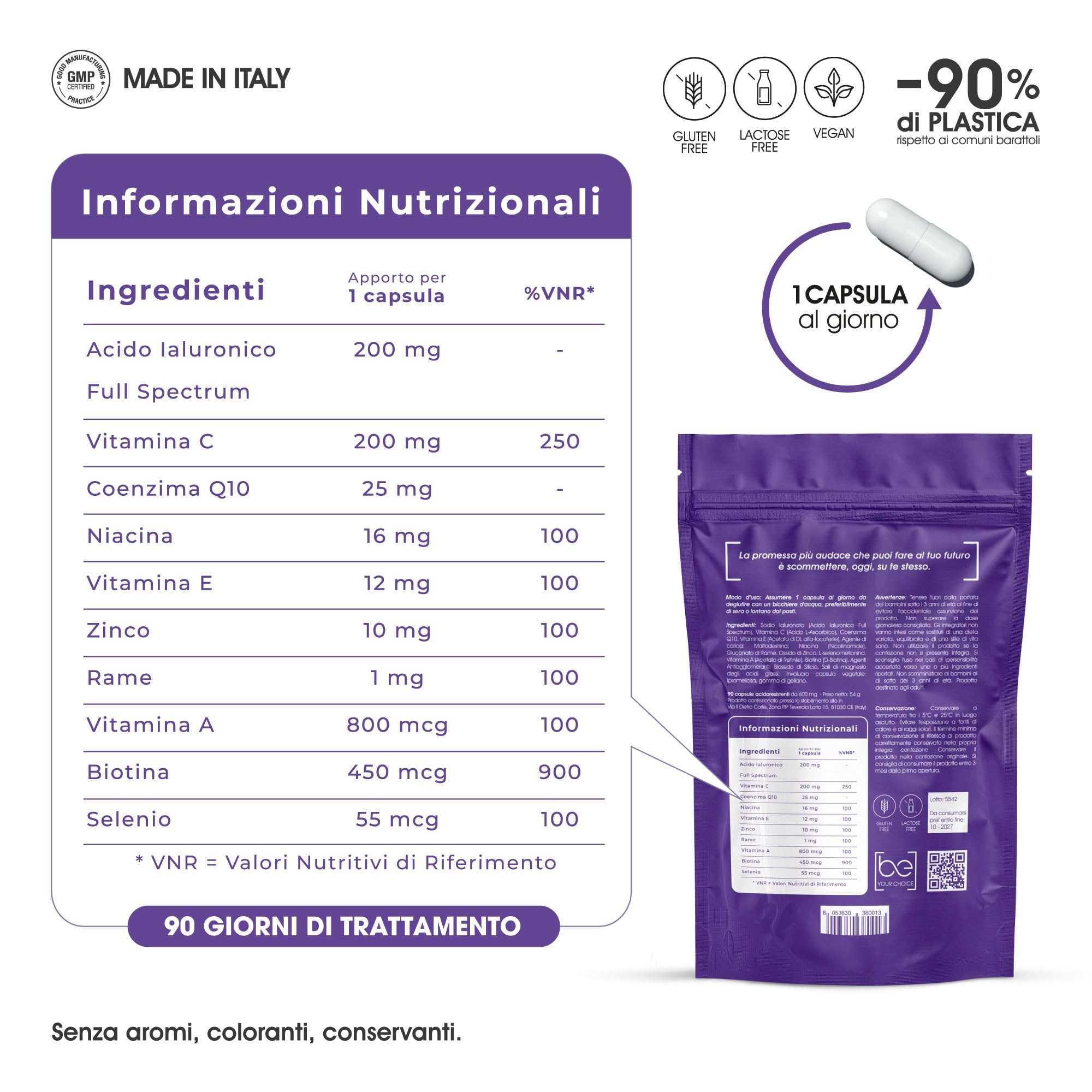 HYALUVATE Integratore Capelli Donna con ACIDO IALURONICO PURO + BIOTINA [3 MESI] - Vitamine per Capelli, Pelle e Unghie | Zinco e Vitamina C, Vegan, 90 Capsule Acidoresistenti - STUDI CLINICI
