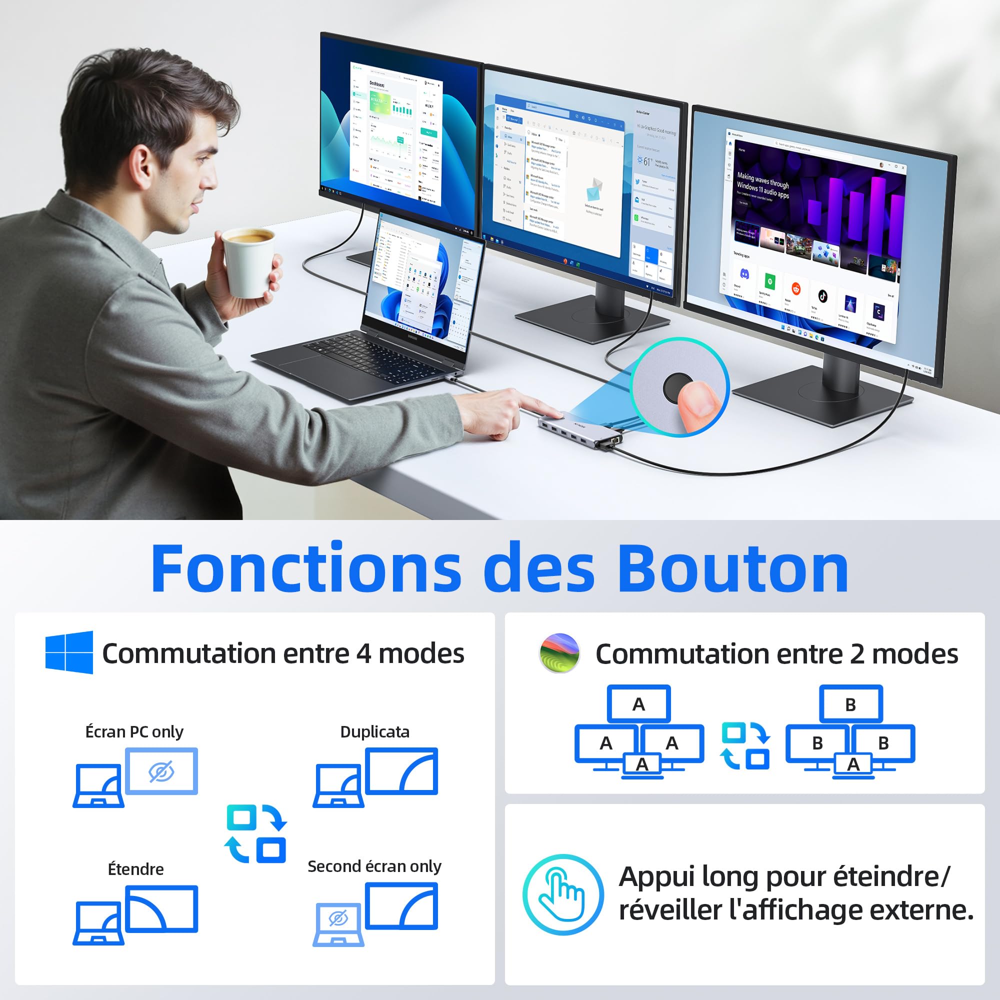 Stacja dokująca 13 w 1 do trzech monitorów z dwoma portami HDMI i DisplayPort 4K, Ethernetu, 2 portami USB-C (100 W PD/10 Gb/s) 6 portami USB-A 3.1/3.0/2.0 i dźwiękiem dla komputerów Dell, HP i Lenovo