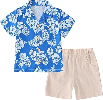YALLET Toddler Boy Clothes Summer Outfits Hawaiian Shirt 1-10 Years | Beach Casual Clothe, Button Down Top, Elastic Waist Shorts With Pockets, breathable and Comfortable, 2 Piece Short Set