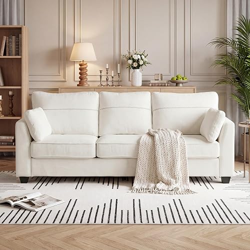 89" Sofa, Chenille 3-Seater Sofa with 2 Pillows, Beige