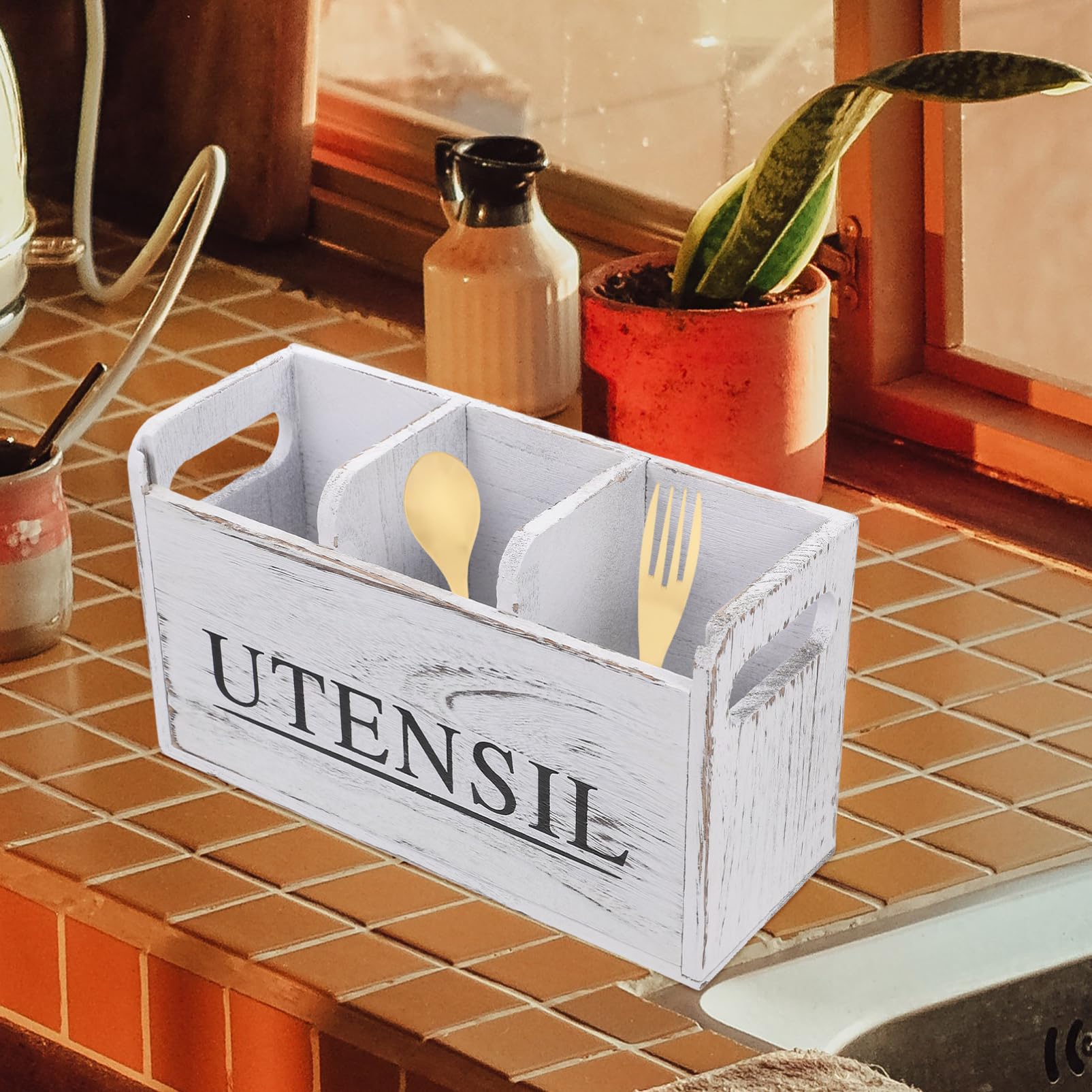 Healifty Porta Cubiertos Grande de Madera con Compartimentos Blanco Rústico | Organizador de Cubiertos para Mesa, Uso en Estudio y Escritorio, Diseño Multifuncional de Estilo Elegante