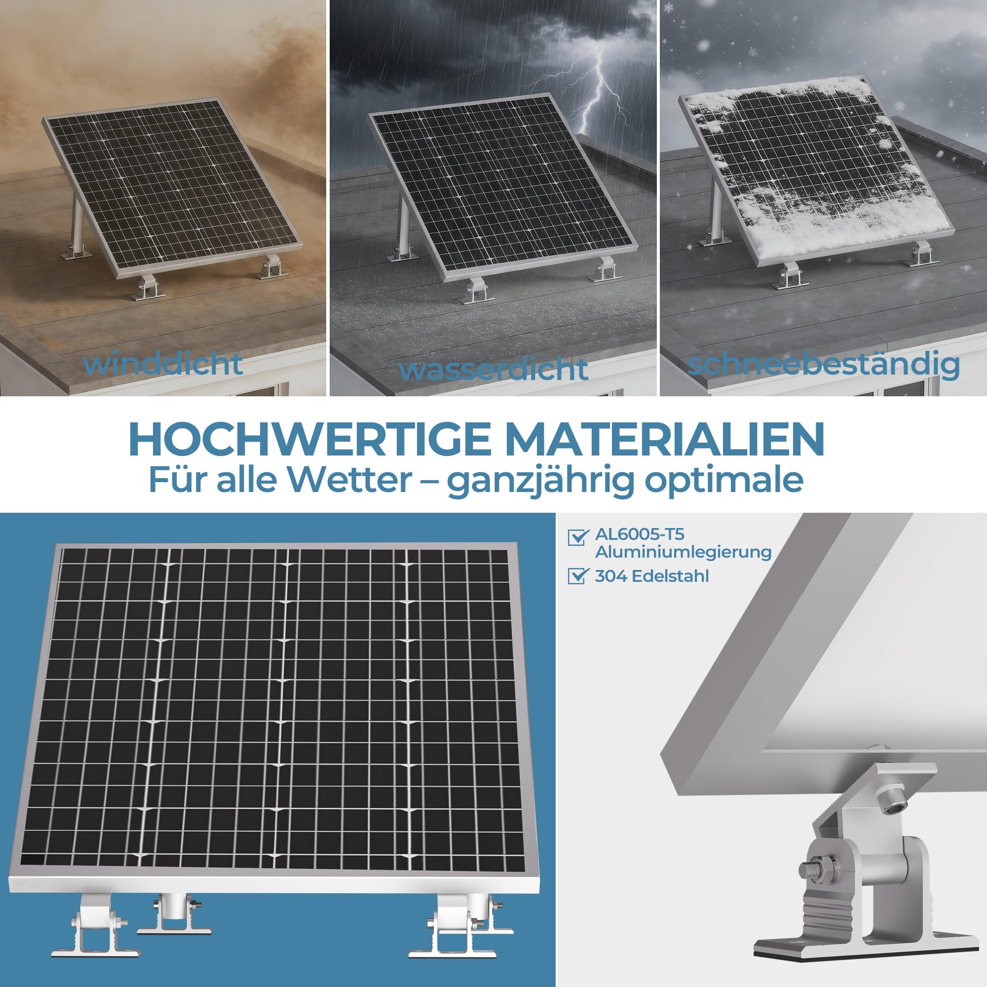 Balkonkraftwerk Solarmodul 2 Paneele SET 15°-30° solarpanel halterung Flachdach Verstelbar Photovoltaik Universal Wand Flachdachmontage for 100W-600W, PV Module Einfache Befestigung