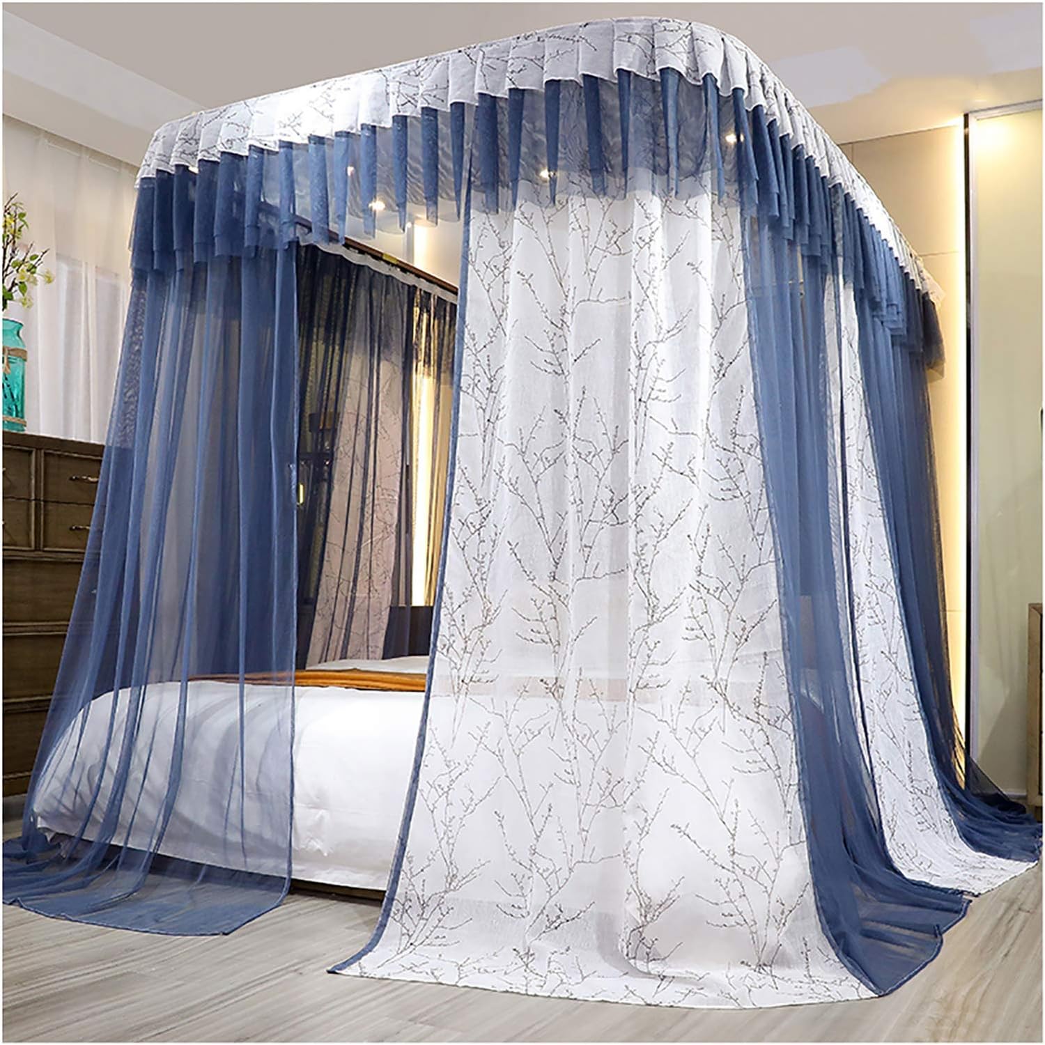 Princess Bed Canopy for Girls with Guide Rail Machine Washable Bed Curtains Canopy with U-Shaped Bracket Bed Decoration 3 Openings Mosquito Net for King Size(Size:180×220×210cm)
