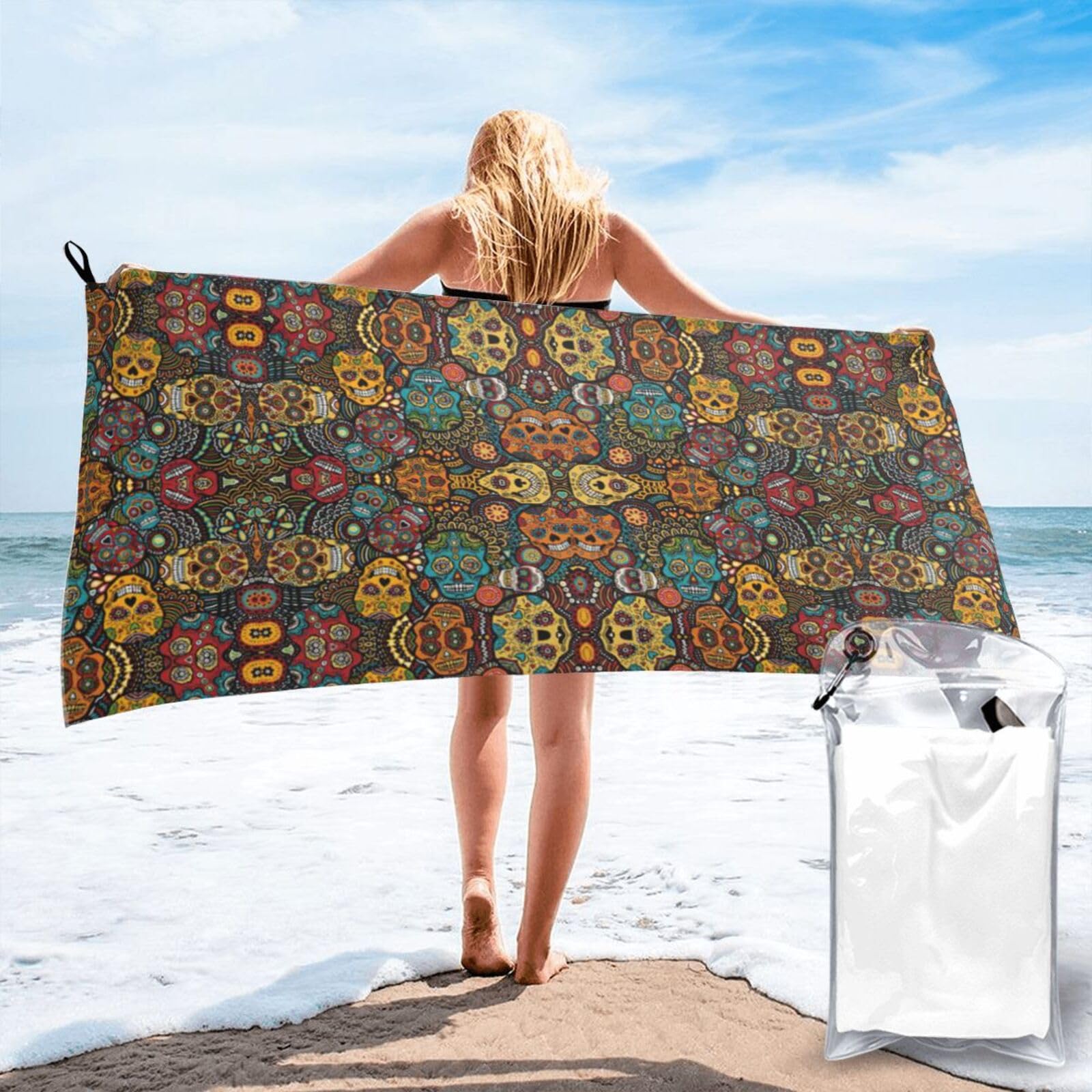 SDEGTHO Colorful Sugar Skulls Print Beach Towel Quick Dry Portable For Swimming Yoga Adults Fitness