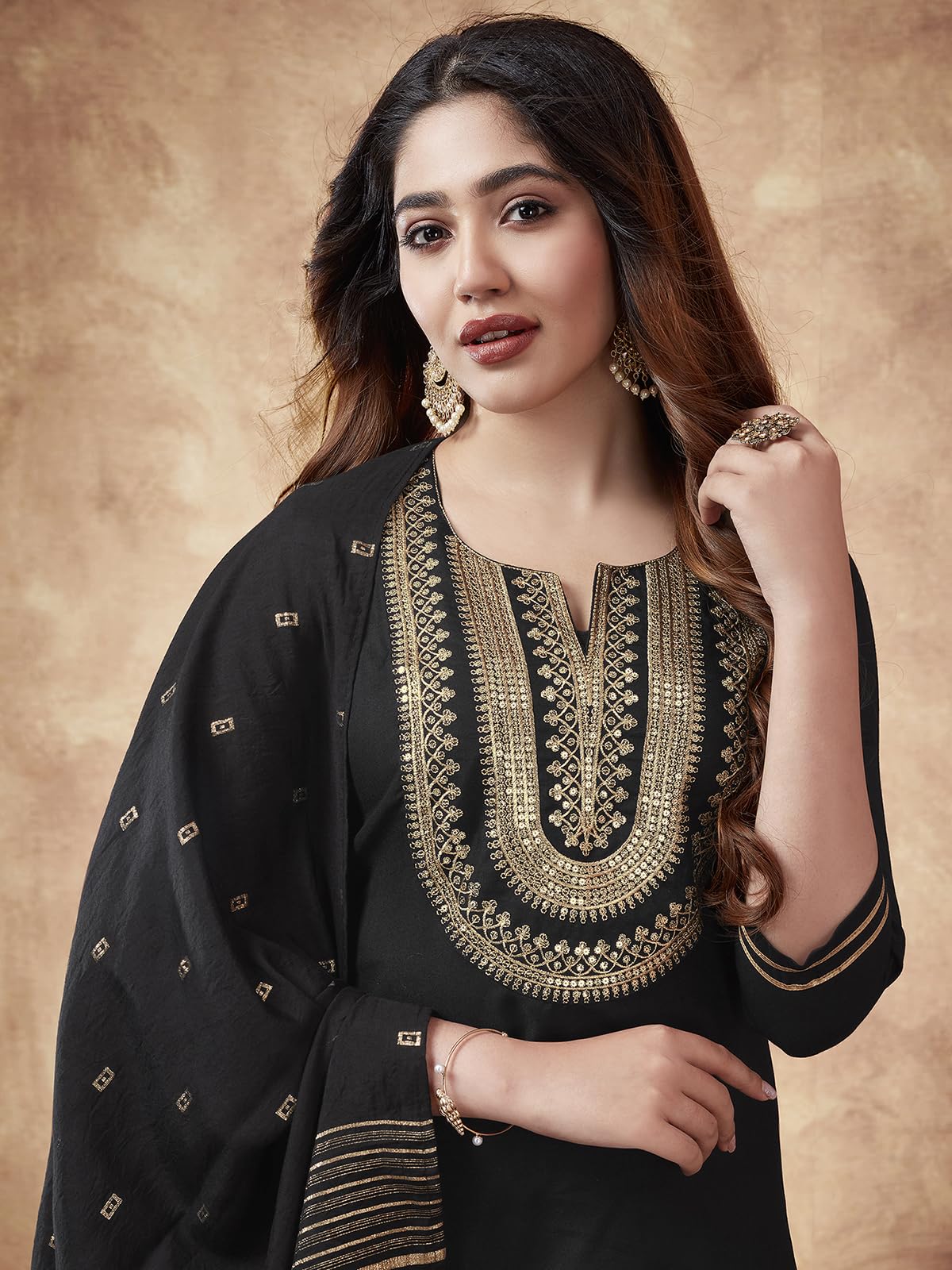 Sanisa Women's Rayon Blend Embroidery Straight Kurta With Pant And Self Woven Dupatta (114Kbd1245Nz-L_Black2)