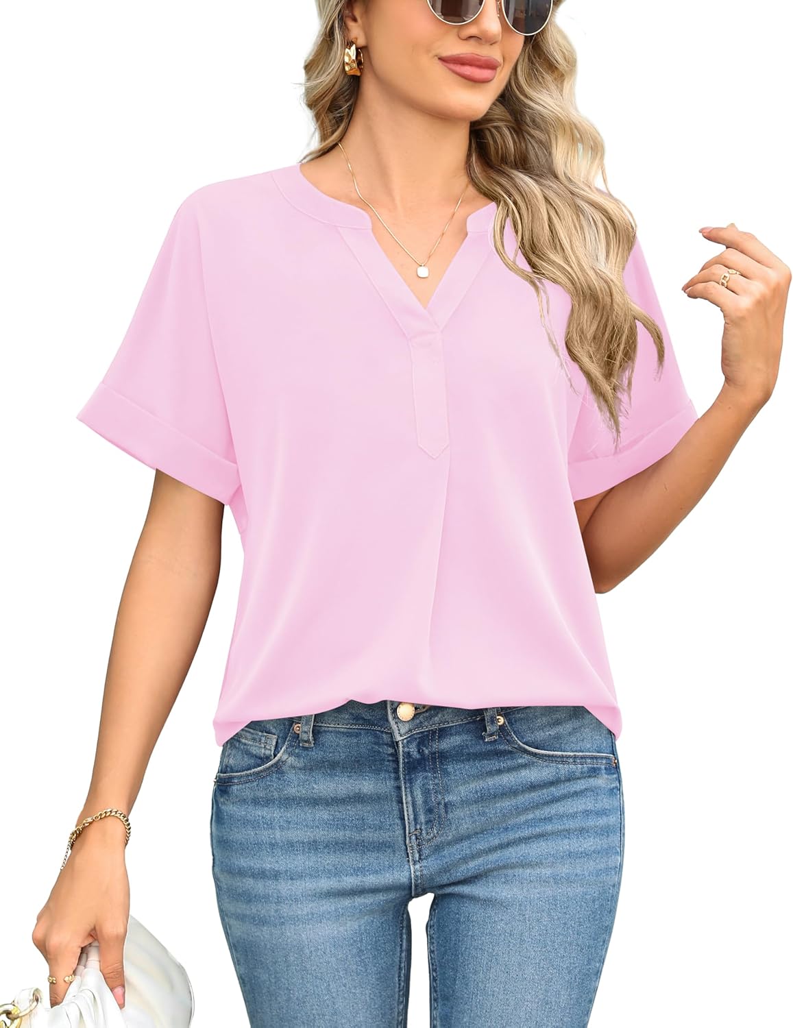 Yommay Chiffon Blouses for Women V Neck Ladies Tops Pleated Tunic Short Sleeve T Shirts