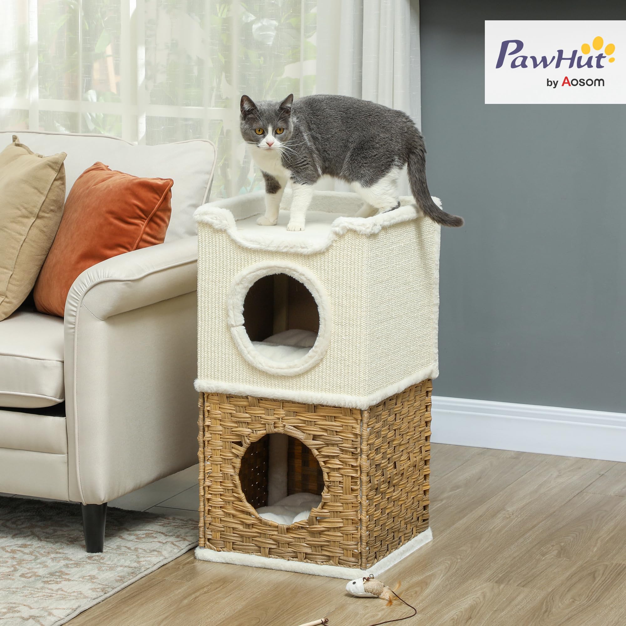 PawHut Tiragraffi alto 75,5 cm, a tre piani, con bordo in peluche, cuscino, grotta per gatti, albero tiragraffi per gatti di medie dimensioni, bianco crema