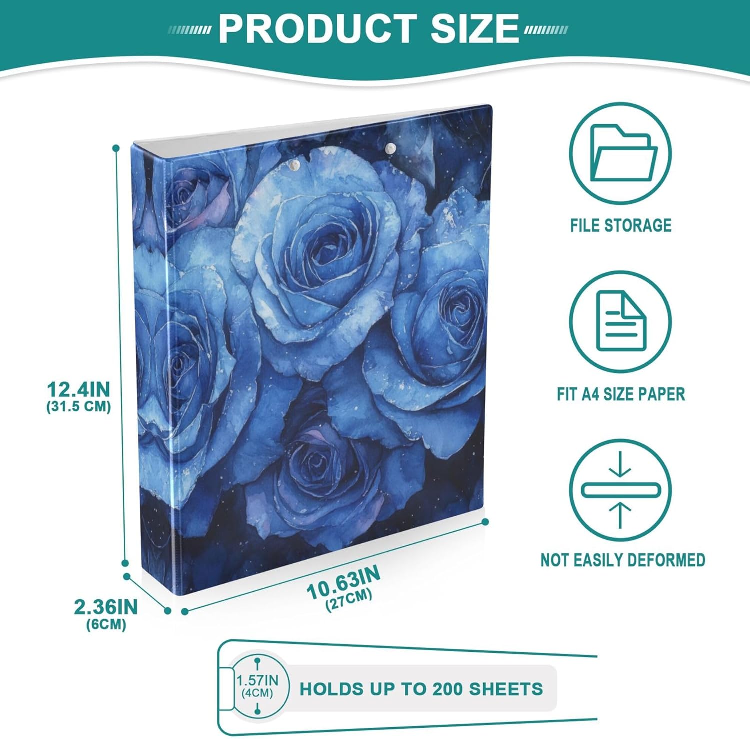 Valentine Day Blue Roses 3 Ring Binders, 1.5” Round Ring Binders with Clipboard - Letter Size, 3 Interior PVC Clear Pockets & Anti-Slip Clip for Office School Supplies, 2PCS