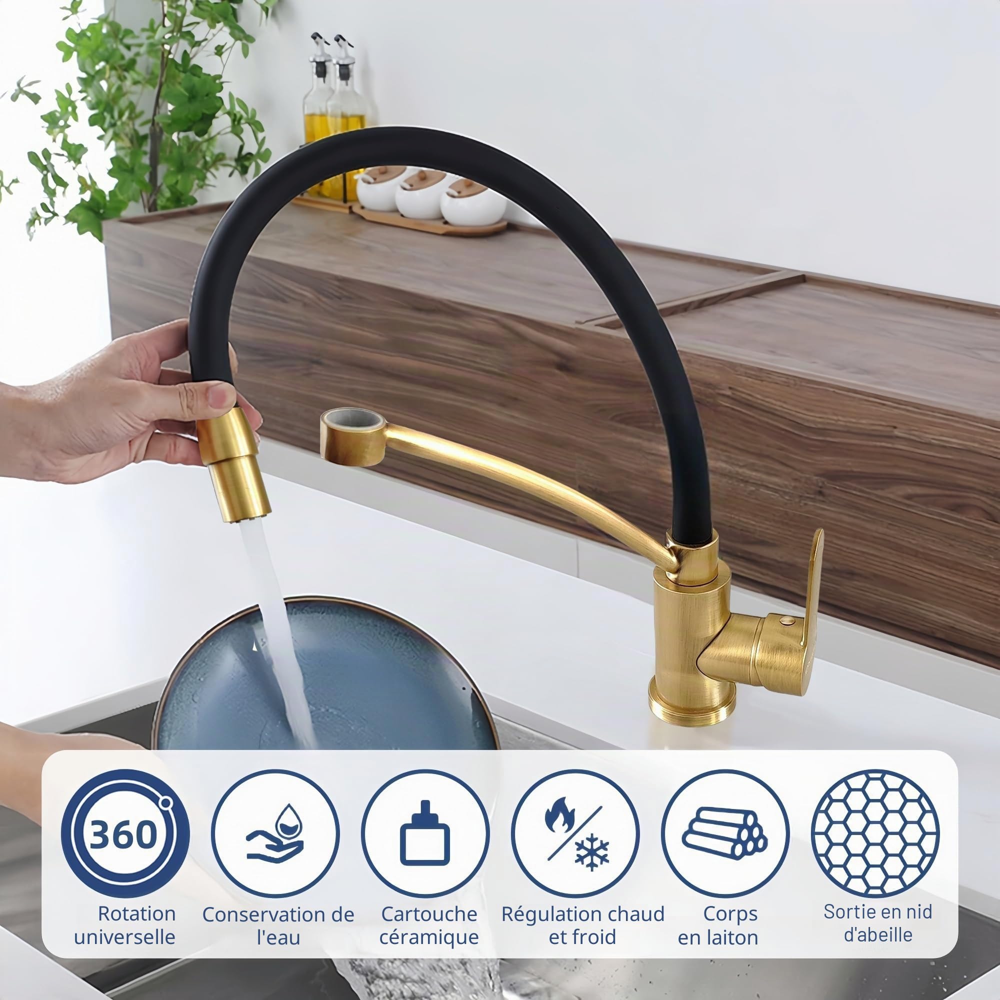 Robinet de Cuisine Flexible Silicone Noir en Laiton Antique