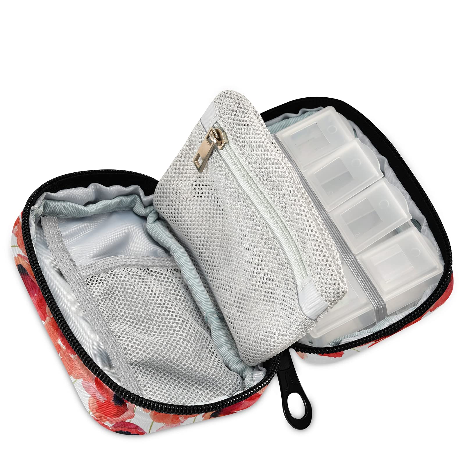 Naanle Watercolor Poppy Flowers Pill Box 7 Day Pill Case Travel Pill Organizer Bag with Zipper Portable Weekly Case Compact Size for Vitamin Supplement Holder