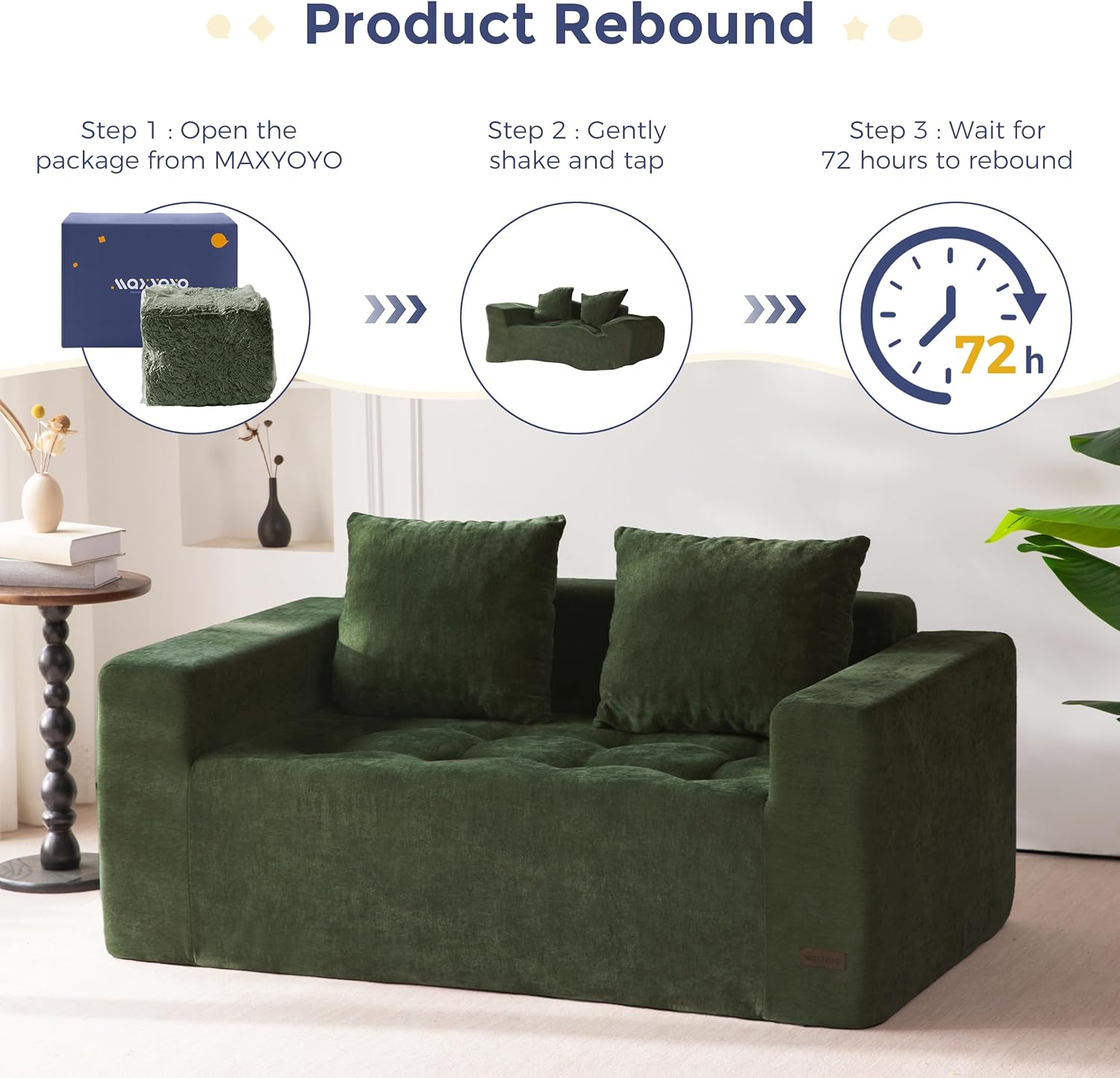 MAXYOYO Modular Sofa Couch, 61" Loveseat Boneless Cloud Couch with Deep Seat, Chenille Upholstered Living Room Sleeper Sofa Chair for Living Room, No Assembly Required, Dark Green