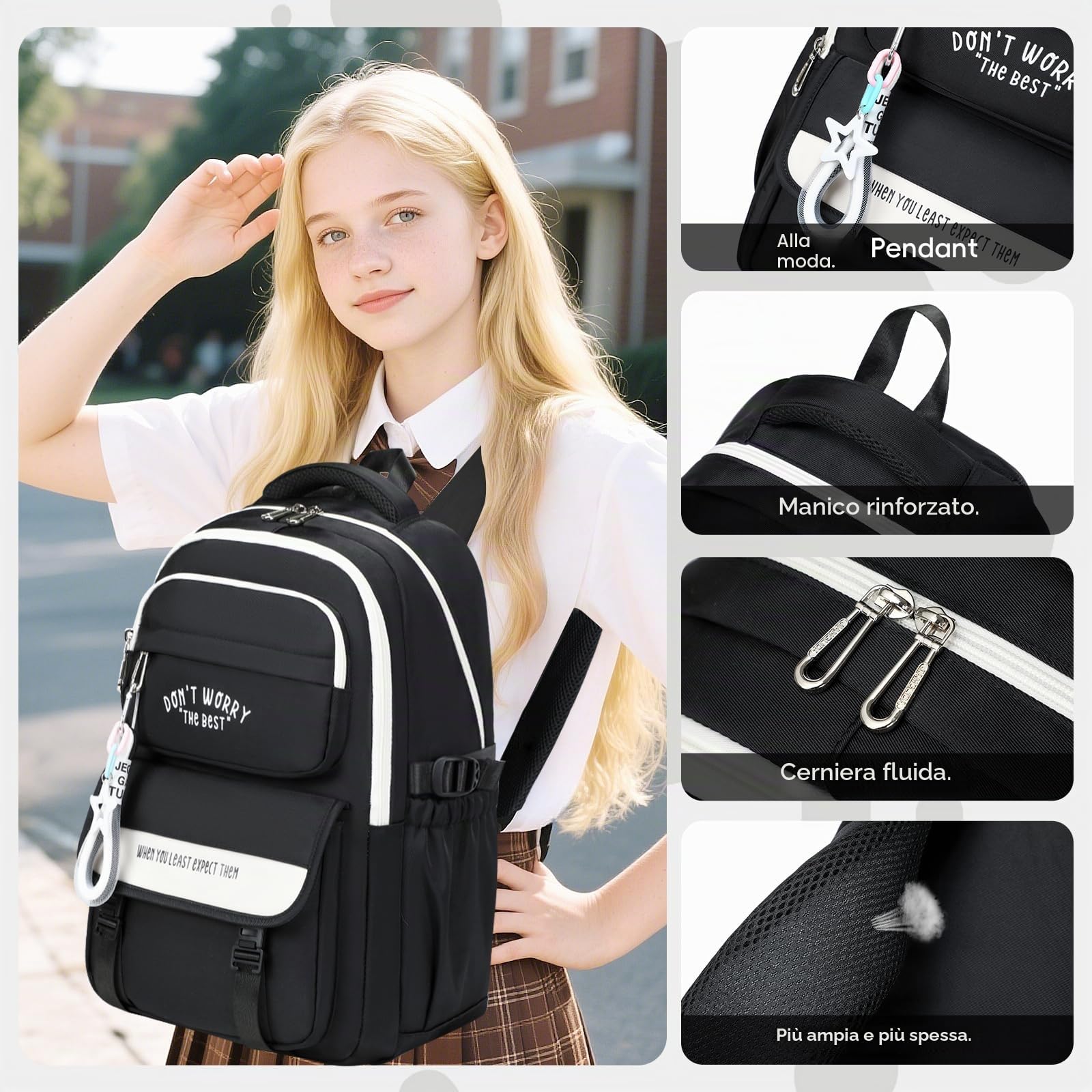 Tanou Zaino Ragazza Scuola Media e Superiore | Zaini Grande in Nylon per Ragazze Adolescenti, Zaino Casual Impermeabile per la Scuola Viaggio con Tasca Porta Pc, Nero