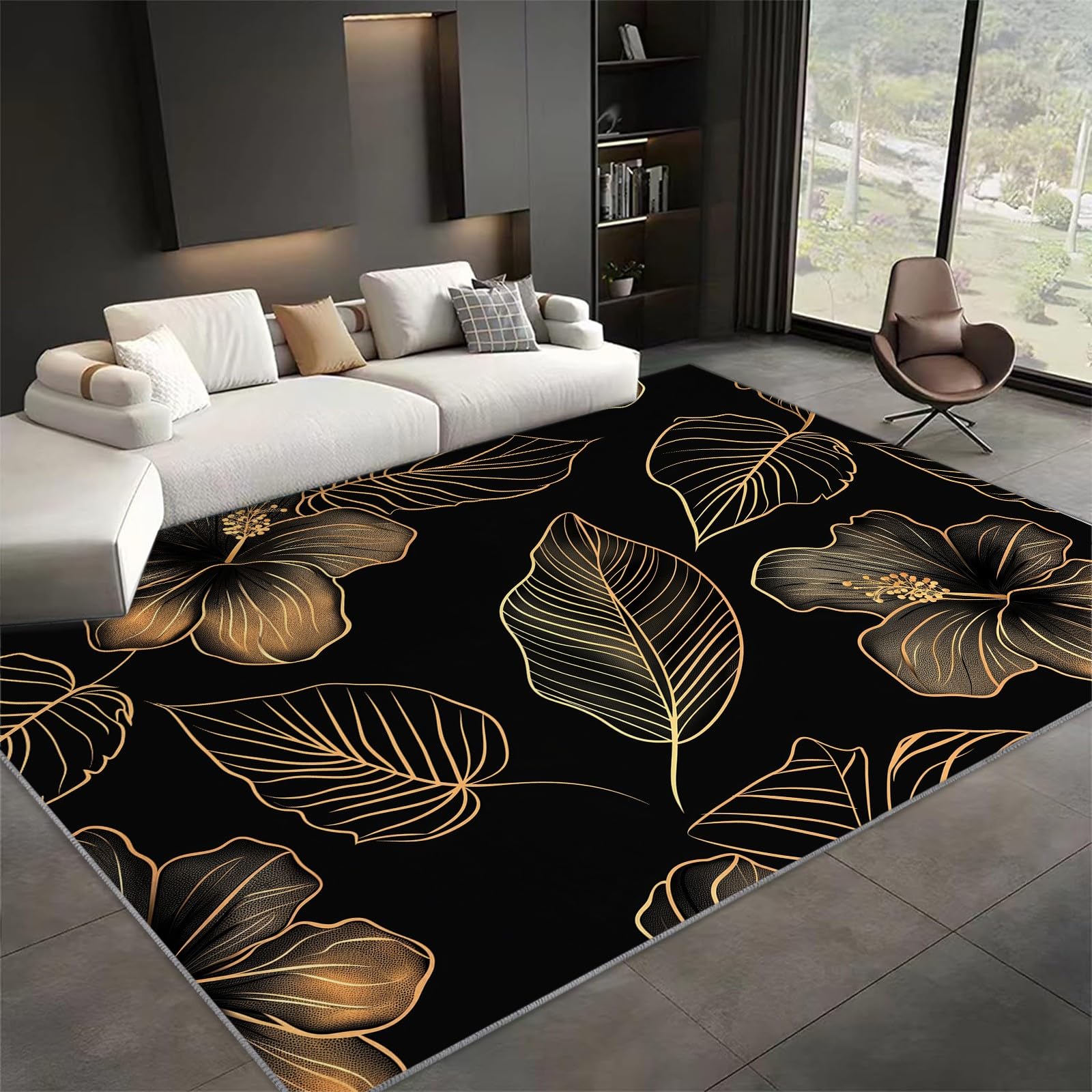 Tapis lavable antidérapant au design de feuilles dorées pour une maison moderne et propre
