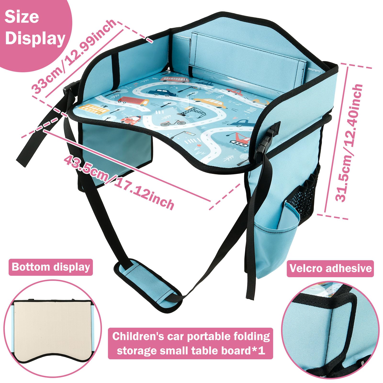Plateau de voyage pour enfant - 43,5 x 33 cm - Avec bandoulière - Poches latérales - Pliable - Siège enfant - Table de voyage - Siège auto - Pour voyage d'enfant - Bleu