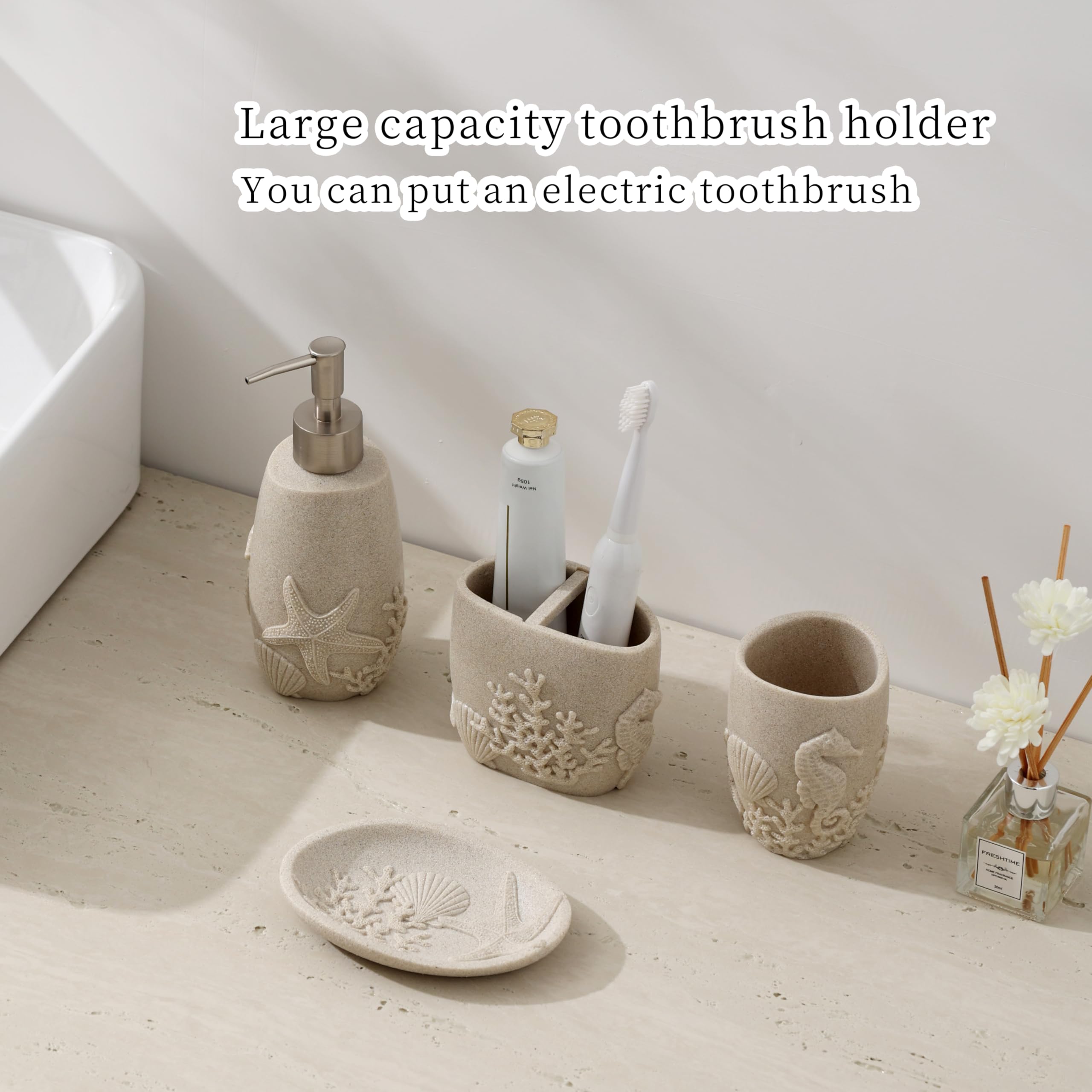 Juego de accesorios de baño, 4 piezas de accesorios de baño con dispensador de jabón, soporte para cepillos de dientes, vaso, jabonera, organizador de encimera de baño, decoración de baño de 2