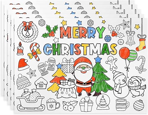 Juego de 30 manteles individuales desechables de Navidad para niños, tapete de papel de Papá Noel, actividades de colorear, árbol de Navidad, hojas