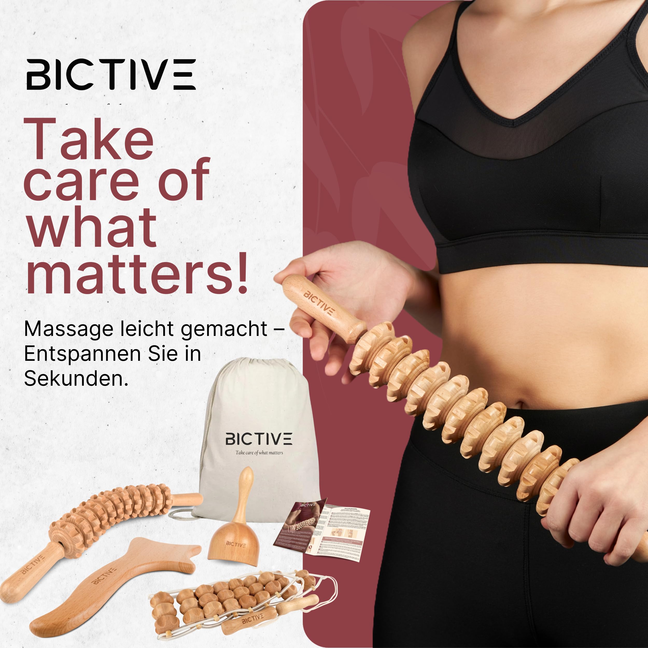 Maderotherapie Set 4 in 1 Professionelle Qualität. Faszienstab Holz, Anti Cellulite Massagegerät für Beine und Körper. Faszienrolle und Massagestab Holz. Lymphdrainage Gerät aus Buchenholz.