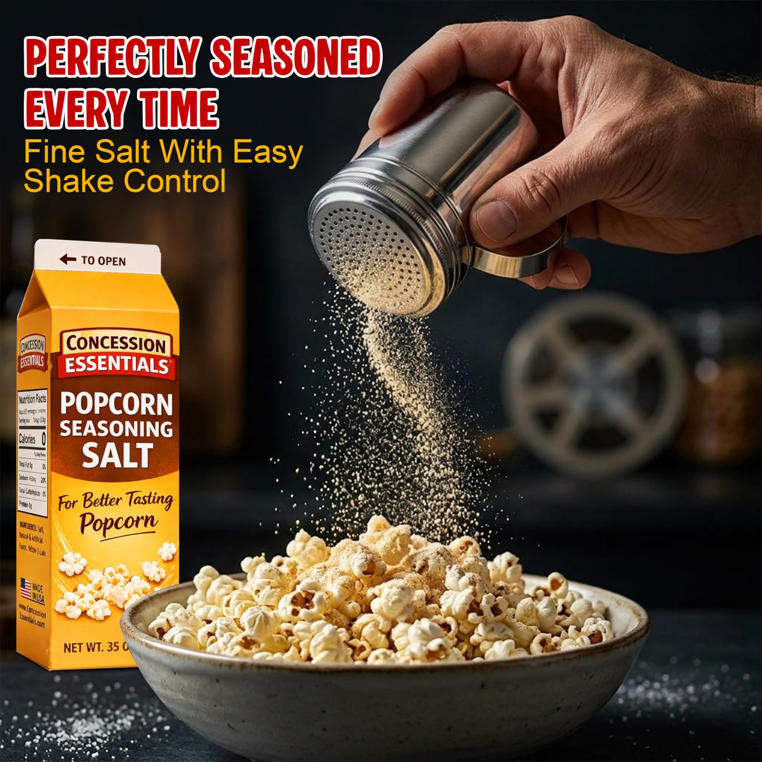 Concession Essentials Kit per popcorn – 1,8 kg di chicchi di popcorn gialli, 32 once di olio di popcorn al cocco, 992 g sale per popcorn e shaker in acciaio inox – Kit per popcorn in stile cinema