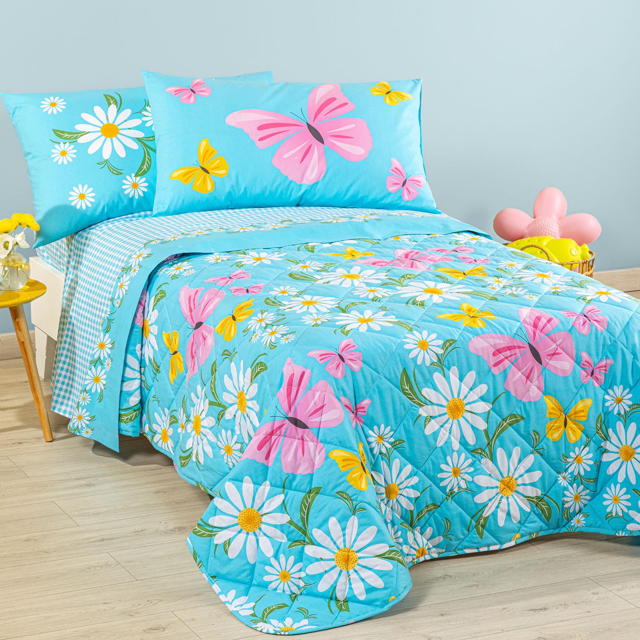 Caleffi Copriletto trapuntato singolo Art. Margherite 165x265 cm in cotone colore Azzurro | Trapuntino leggero primaverile per letto una piazza