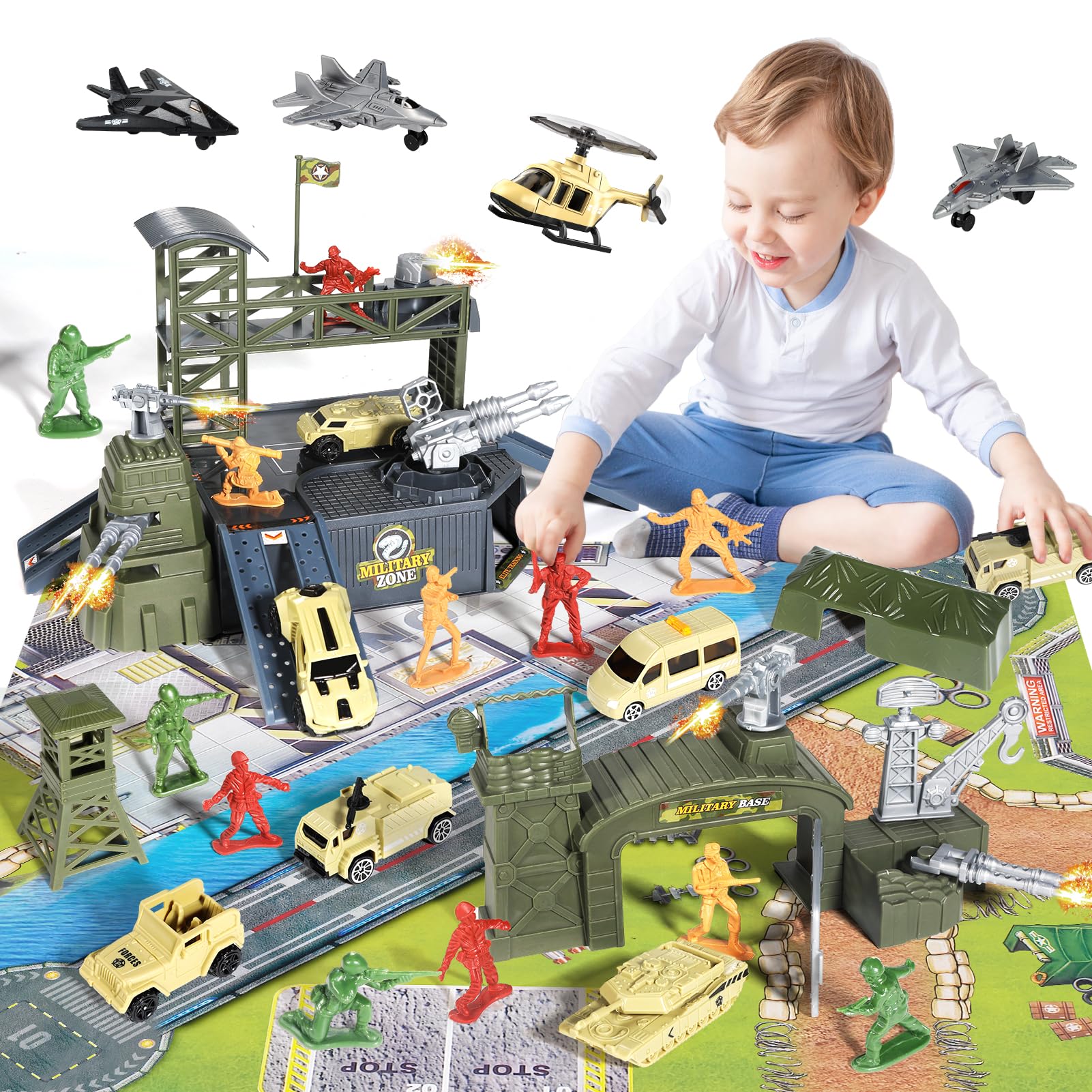LOVE LIFE 62 Pieces Military Base Set Army Men Toy Mini Action Figures Playset with Vehicles,Soldiers and Play Map Birthday Gifts for 3 4 5 6 7 8 Year Old Boys Girls Kids